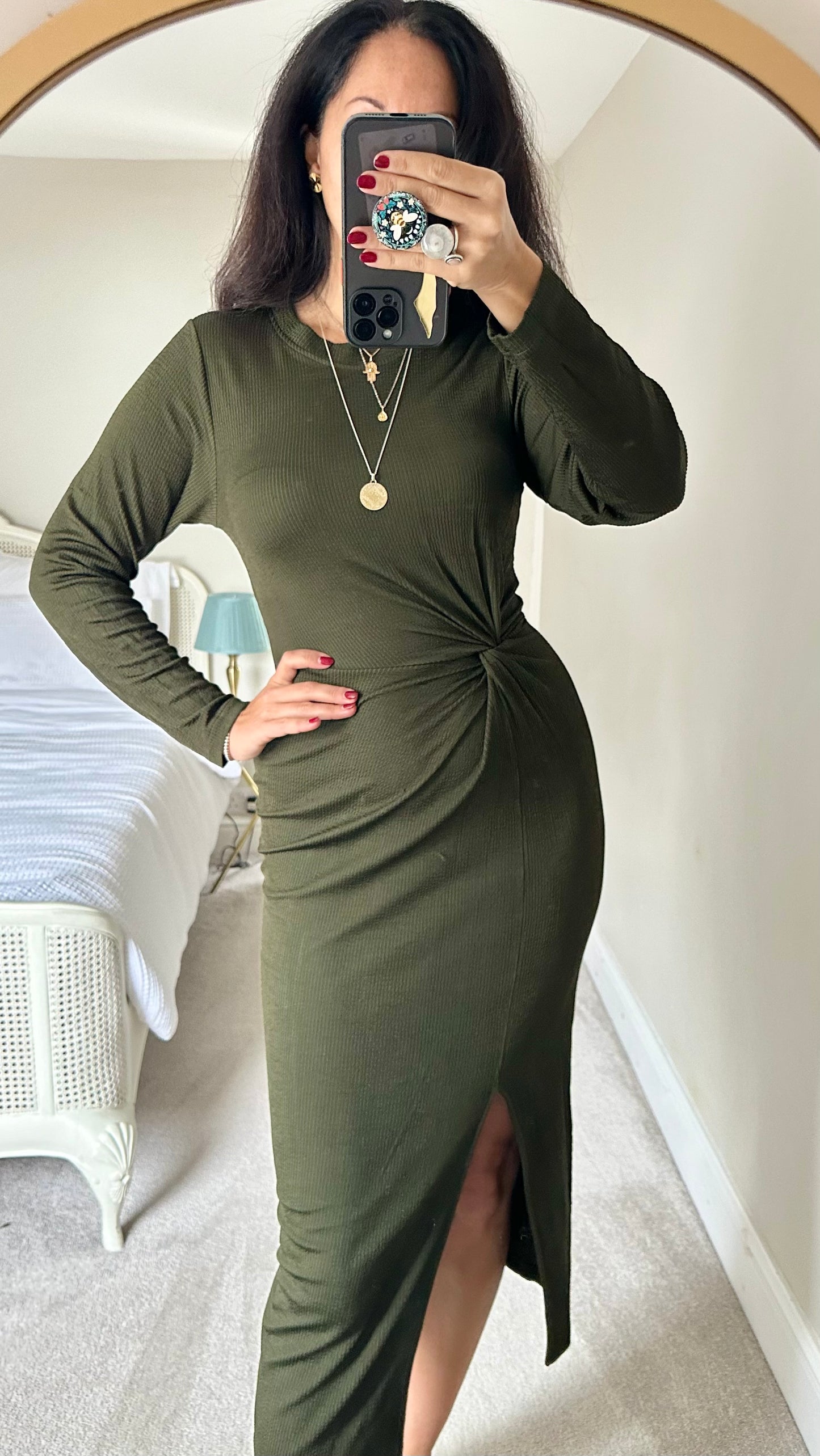 & other stories khaki green twist front ribbed side split midi dress small UK 8 vgc