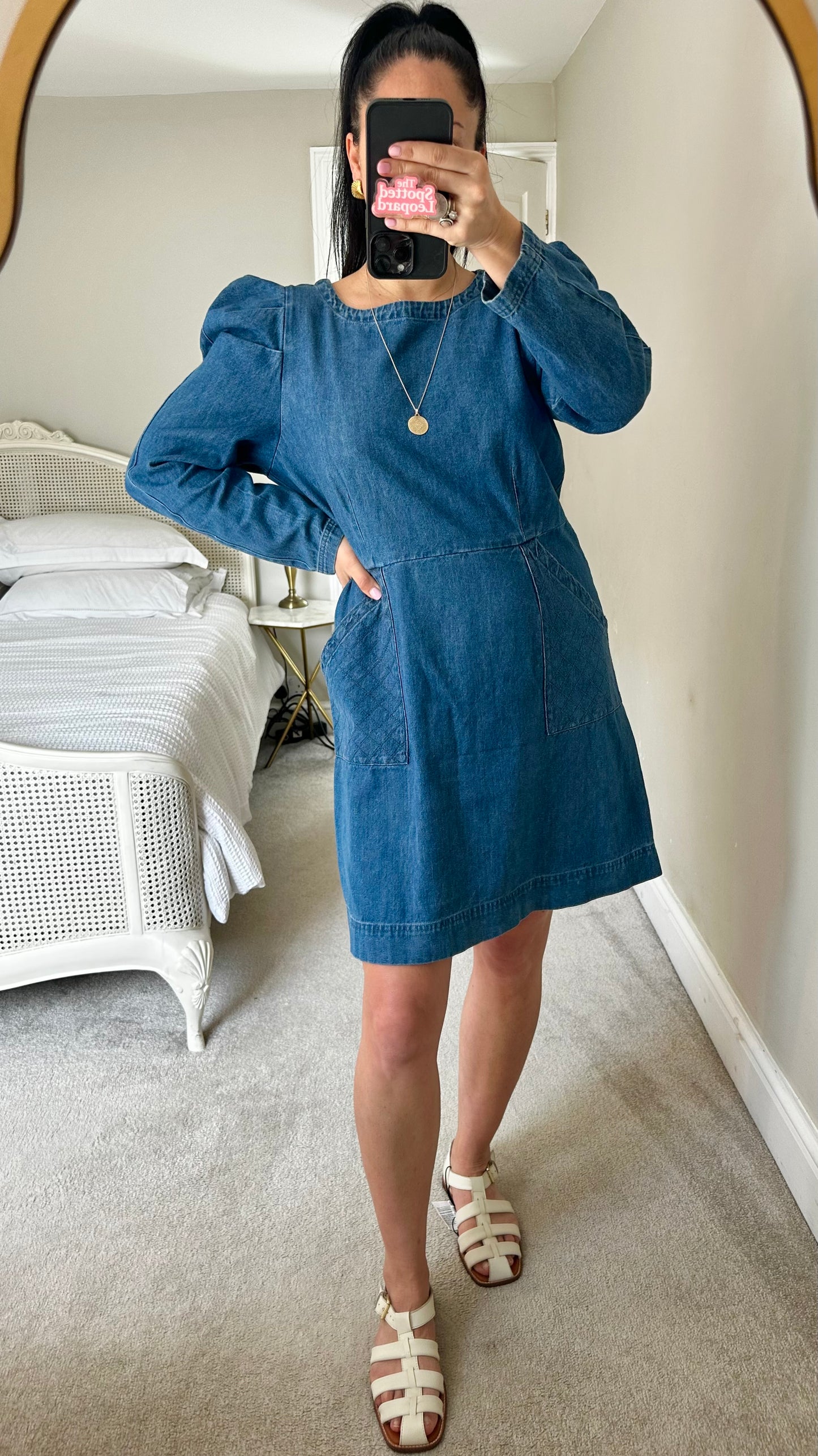 Oliver Bonas blue navy denim jeans medium casual dress mid length UK 14 vgc