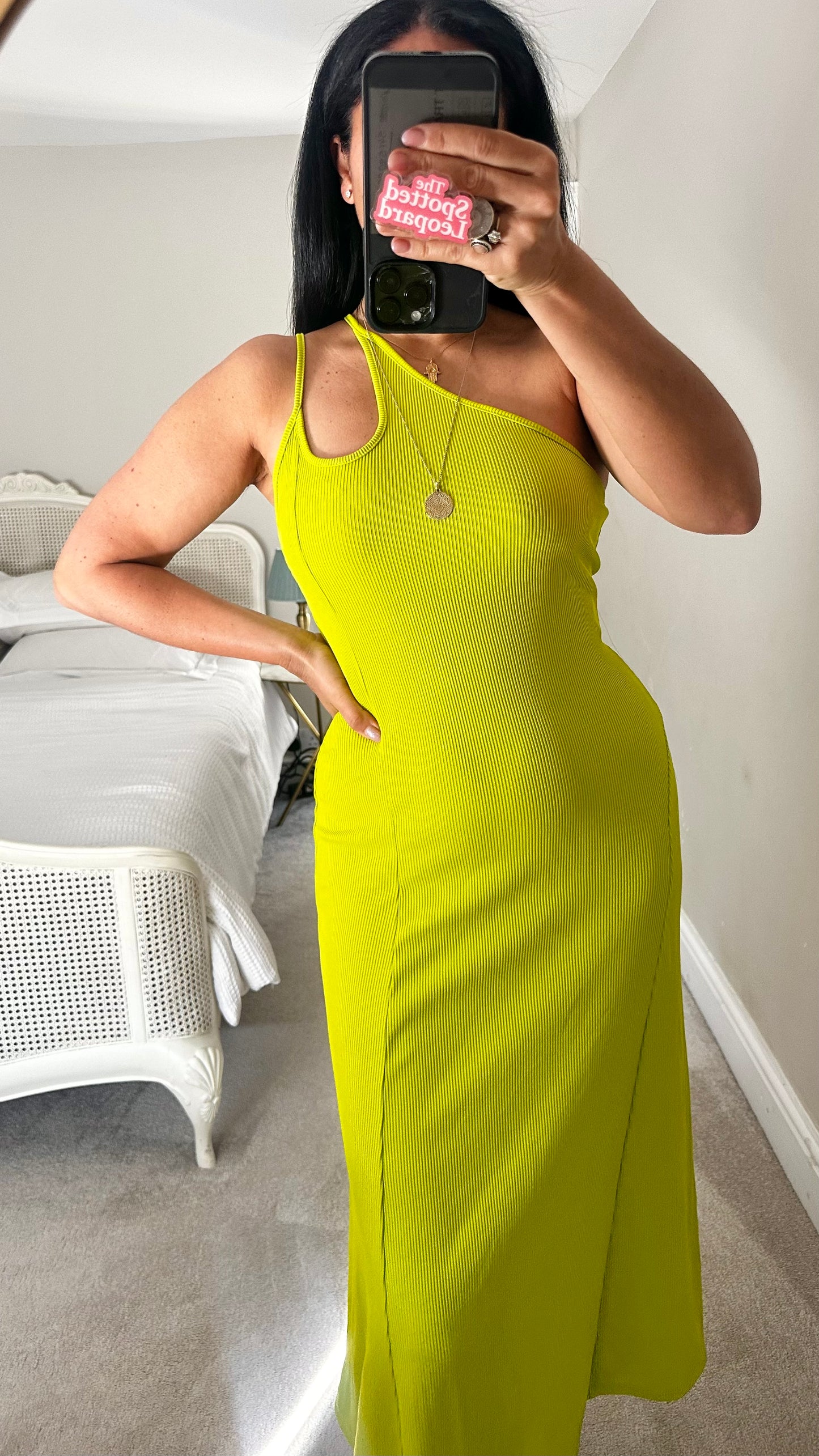Topshop lime green acid ribbed midi long asymmetric dress small UK 10 vgc