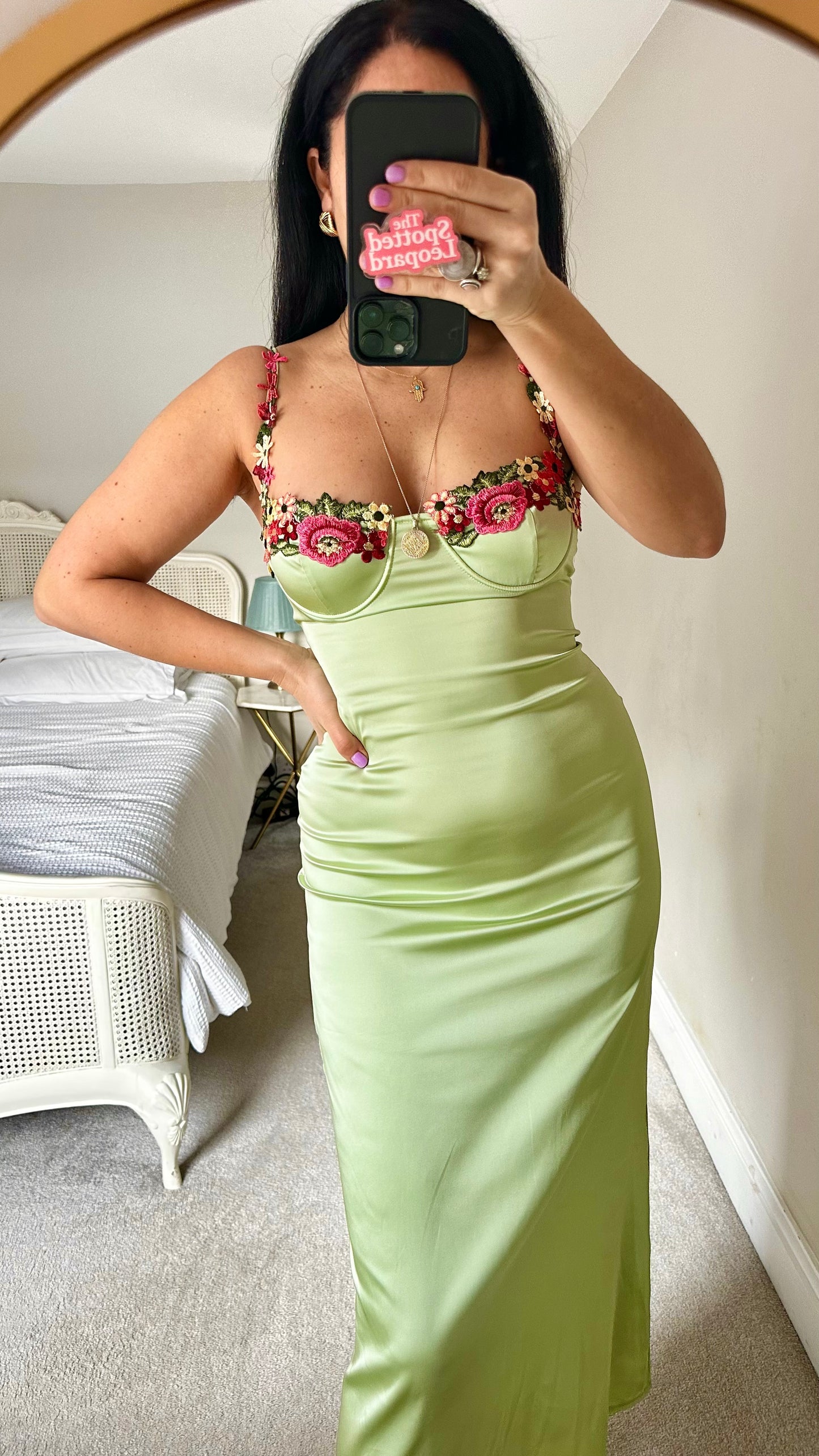 Lime green pink floral evening event dress midi long small UK 8-10 slip vgc