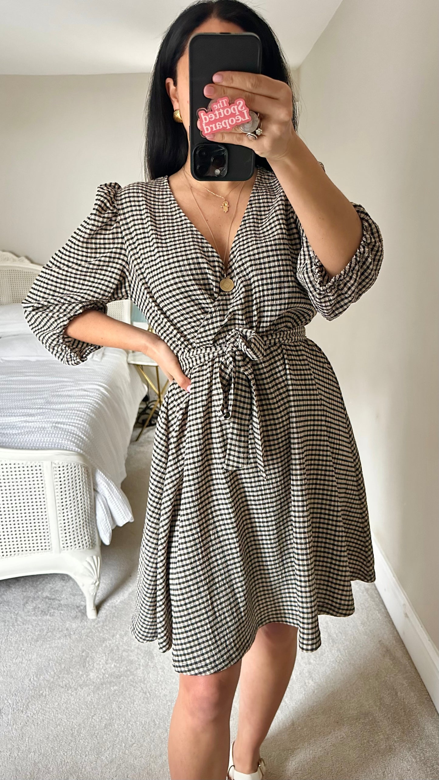 Selected Femme @ Anthropologie black cream gingham check wrap dress medium UK 12-14