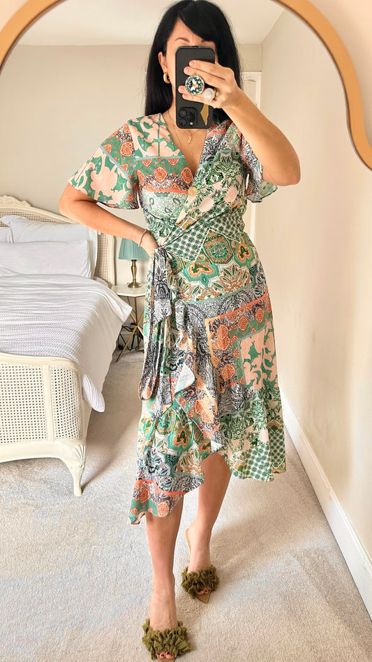 Never fully dressed green apricot wrap midi dress small medium UK 8 10 vgc