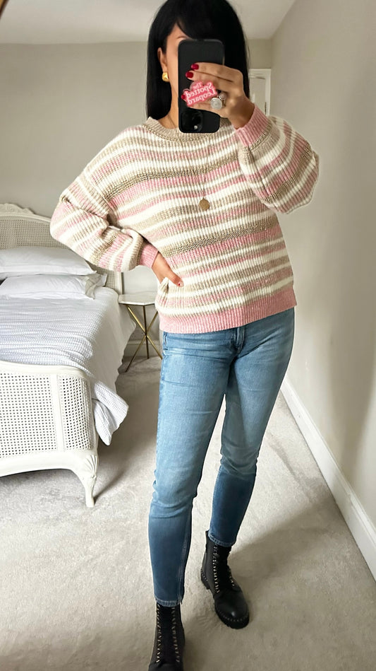 Oliver bonas pink cream white stripe shimmer knitted jumper small UK 8-10 vgc