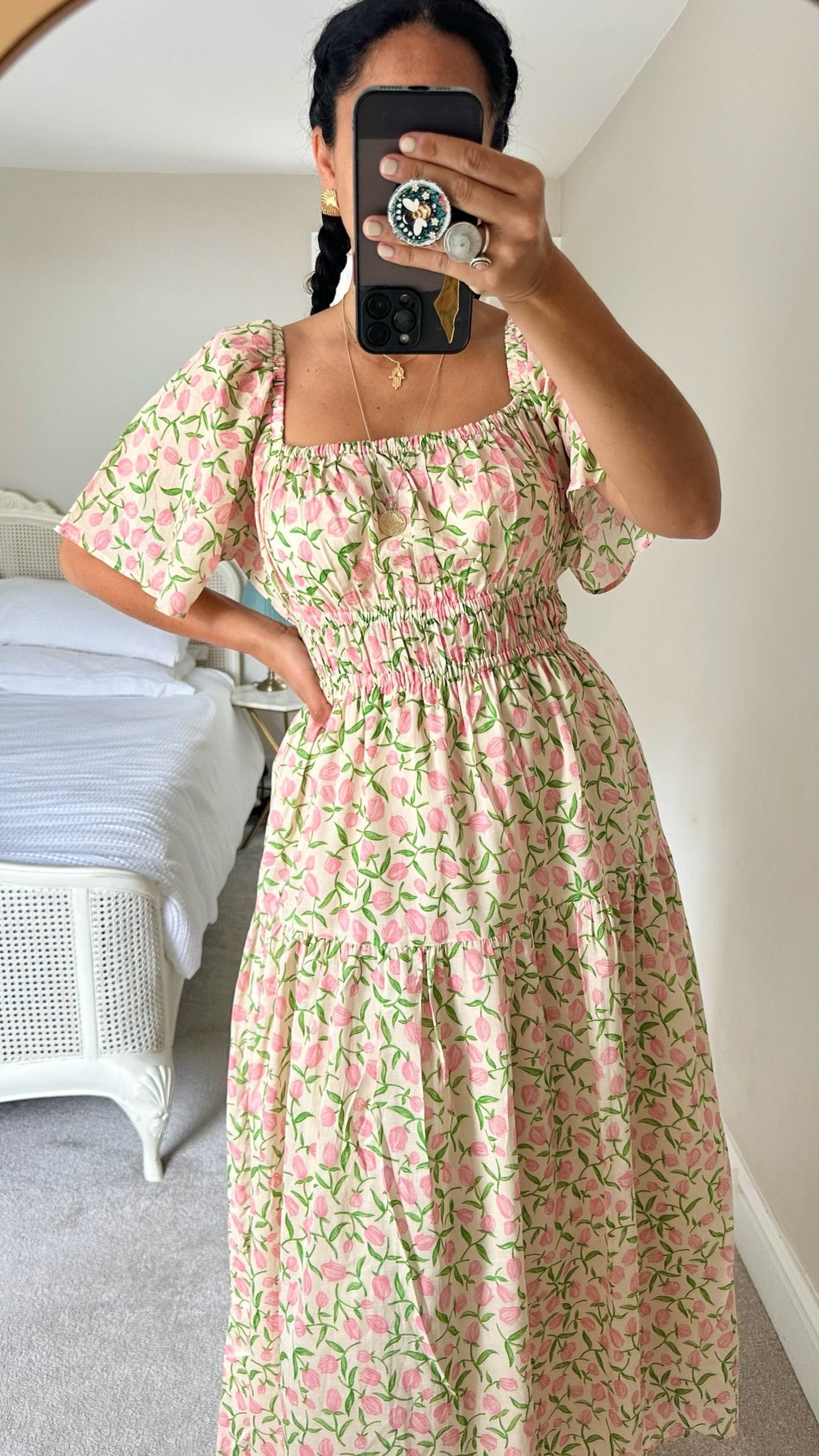 Kitri pink green peony peaches cotton midi long dress holiday event medium UK 12