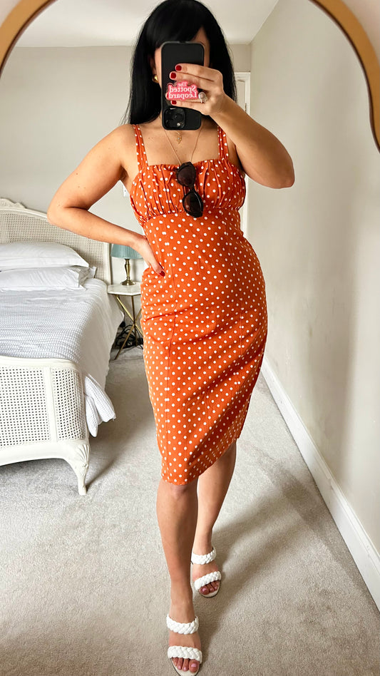 ASOS orange cream white polka dot 1950s style midi cotton sun dress small UK 10 vgc