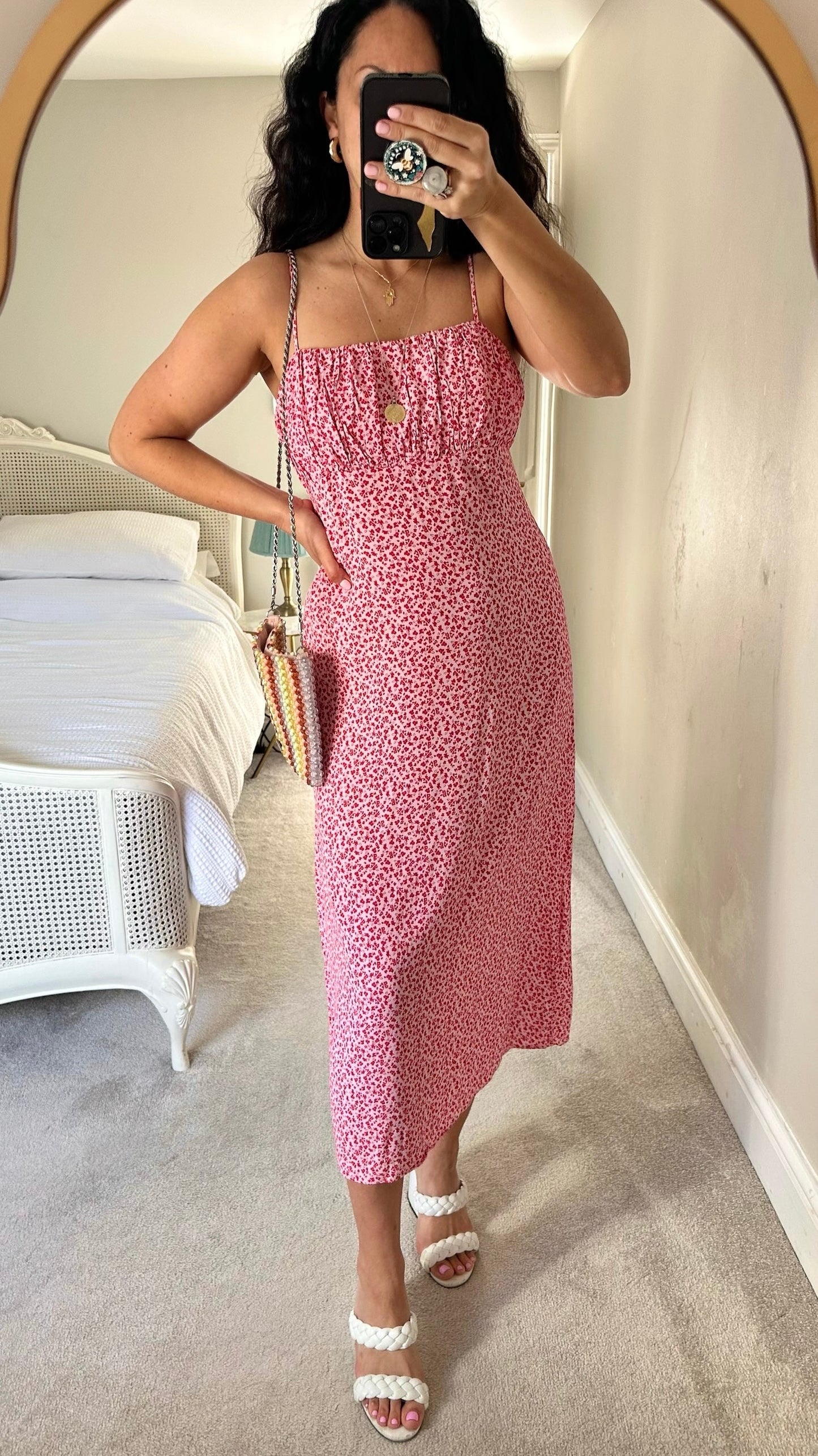 Forever new red pink ditsy floral print ruched bust midaxi slip dress holiday sun event medium L UK 12