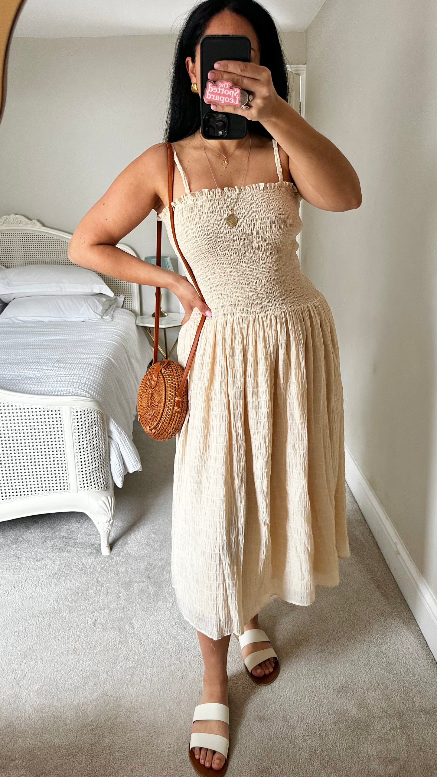 & other stories cream beige shirred body sun dress large UK 14-16 vgc