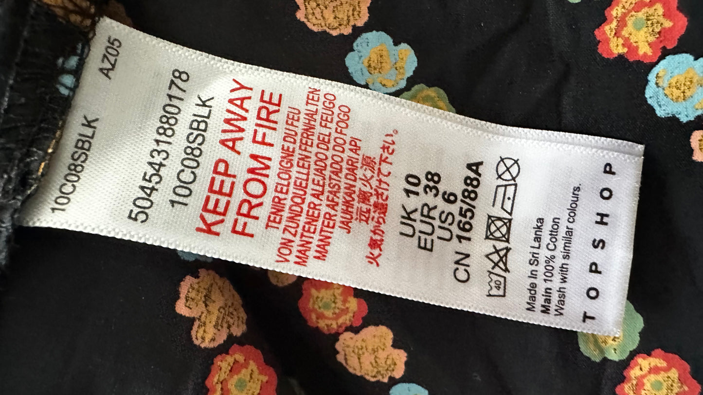 Topshop black orange floral midi cotton sun dress small UK 10 vgc