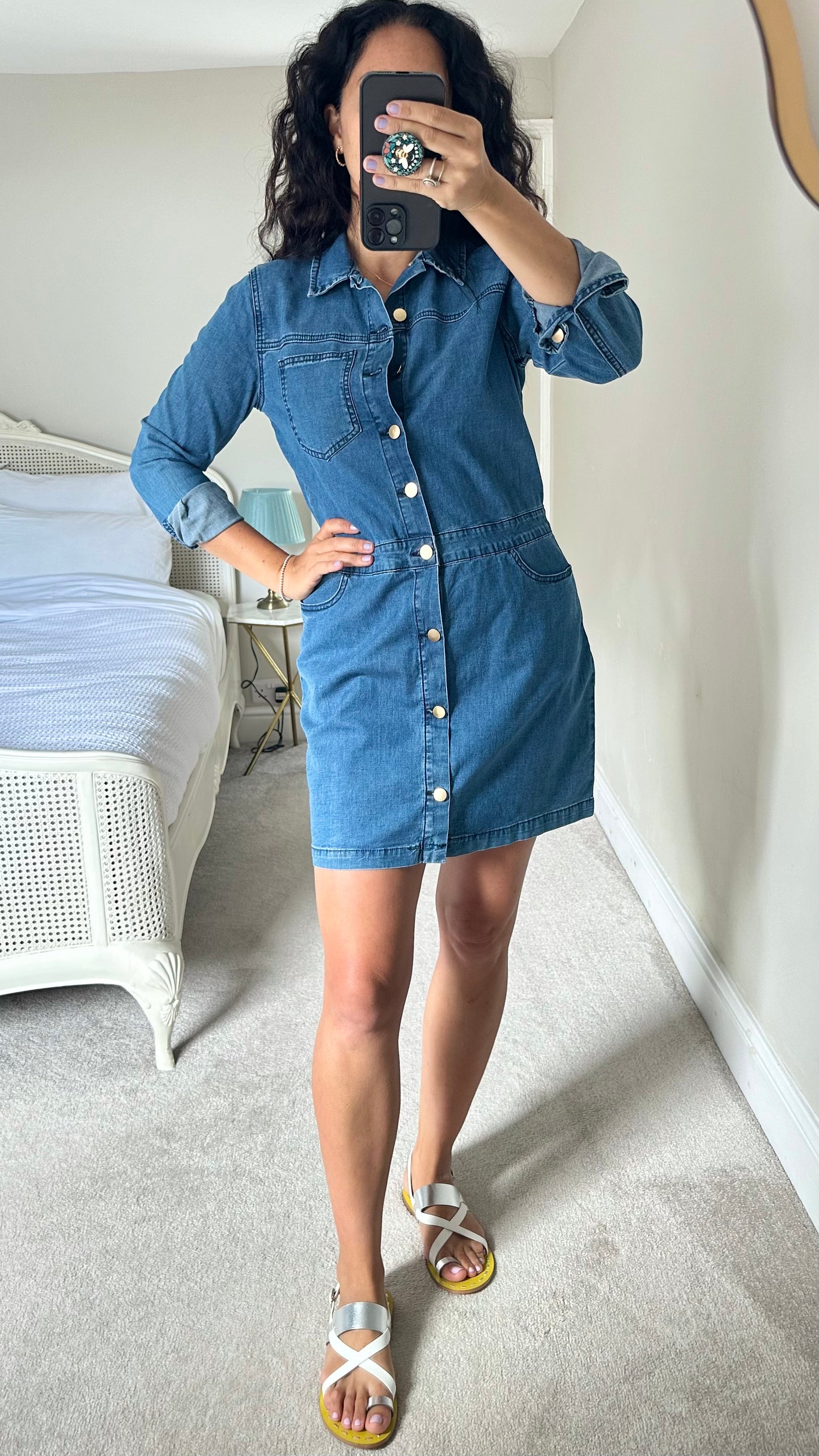 Object button up denim casual mini shirt dress stretchy UK 12 large new bnwt