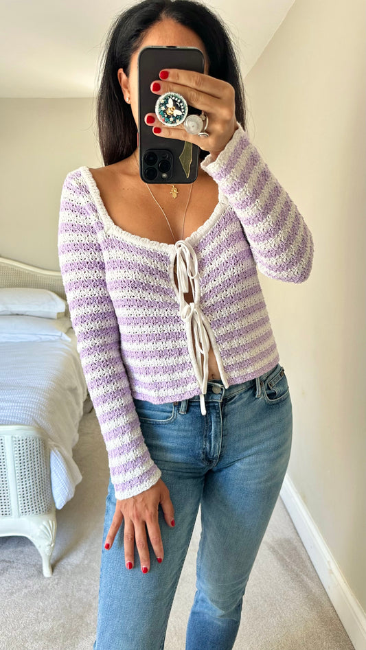 Kitri lilac cream white crochet knitted cardigan small medium UK 10 vgc