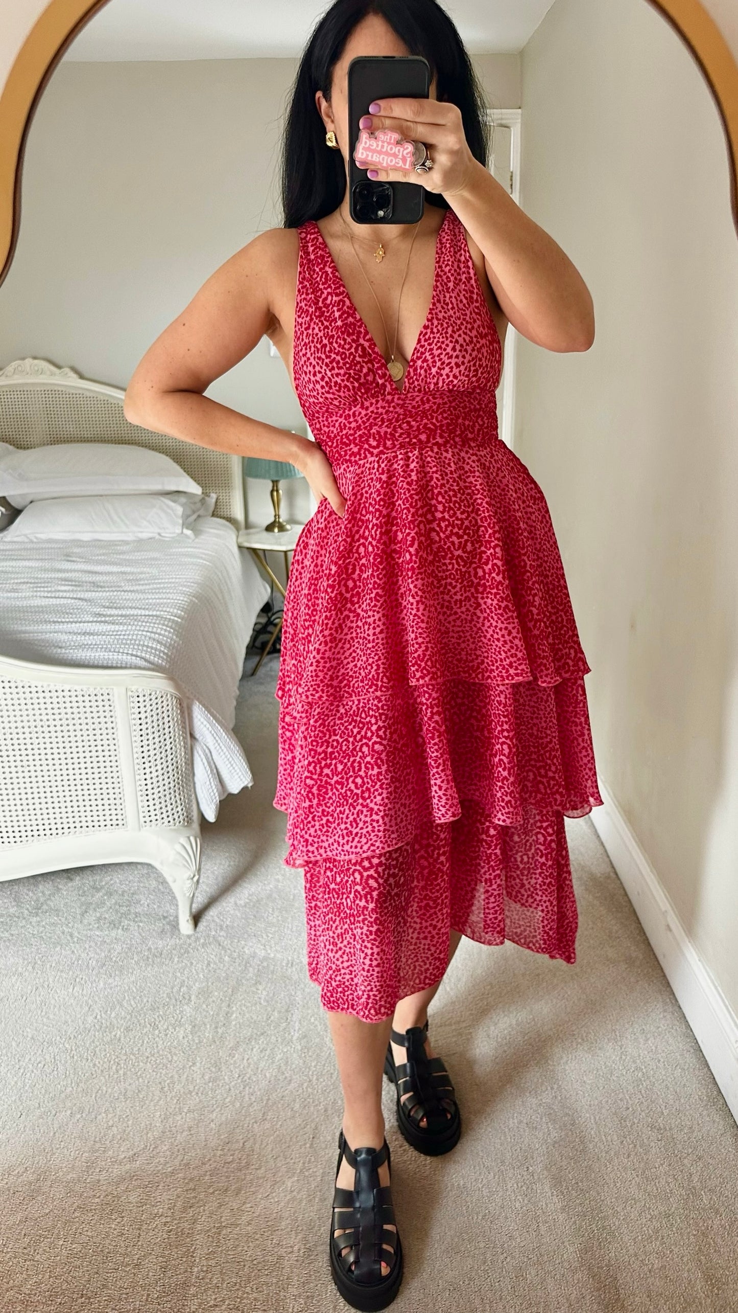 Topshop fuchsia pink leopard print tiered midi event dress small UK 8-10 vgc