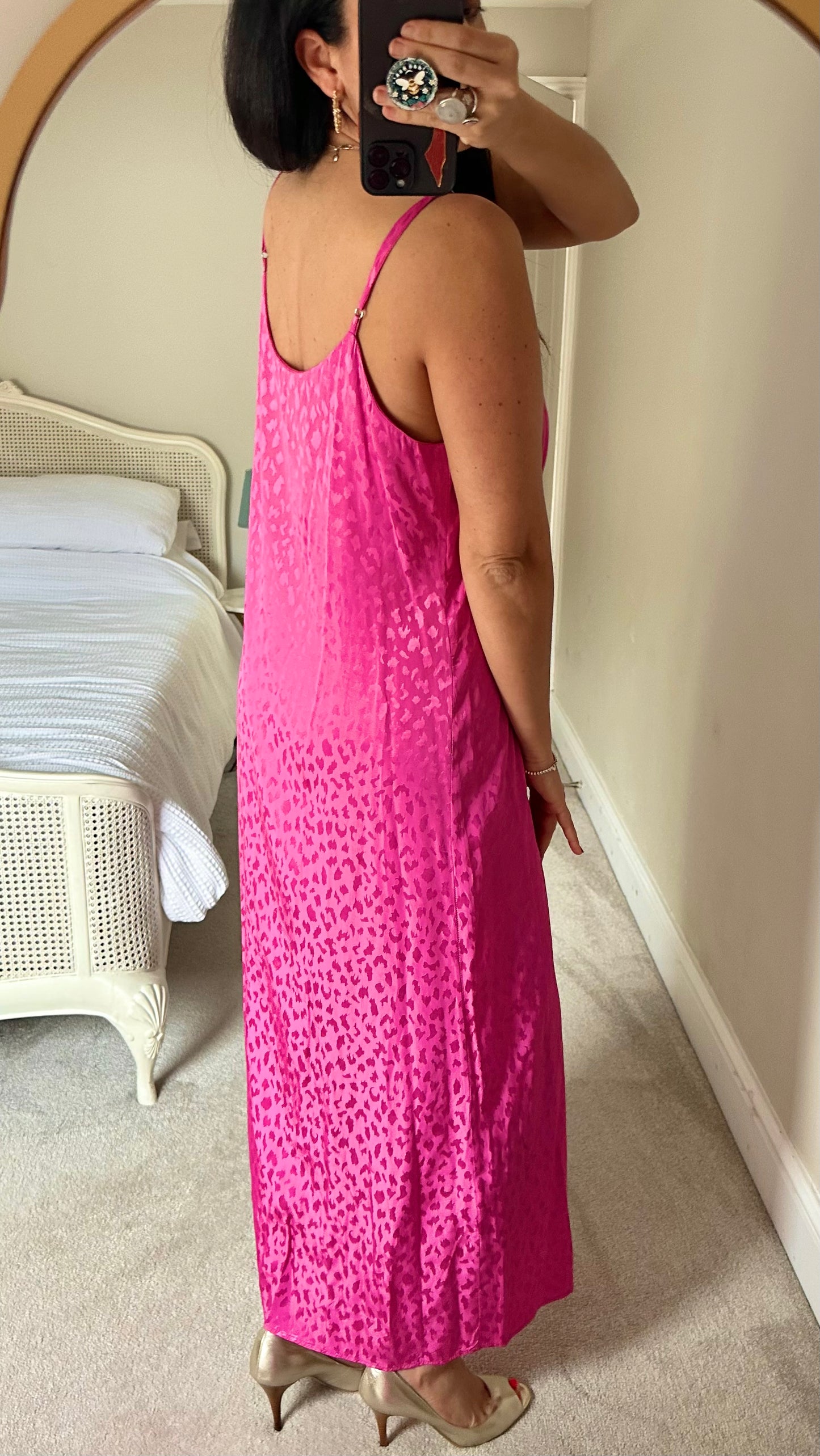 Oliver Bonas pink animal leopard print maxi midi side split dress large UK 14 vgc