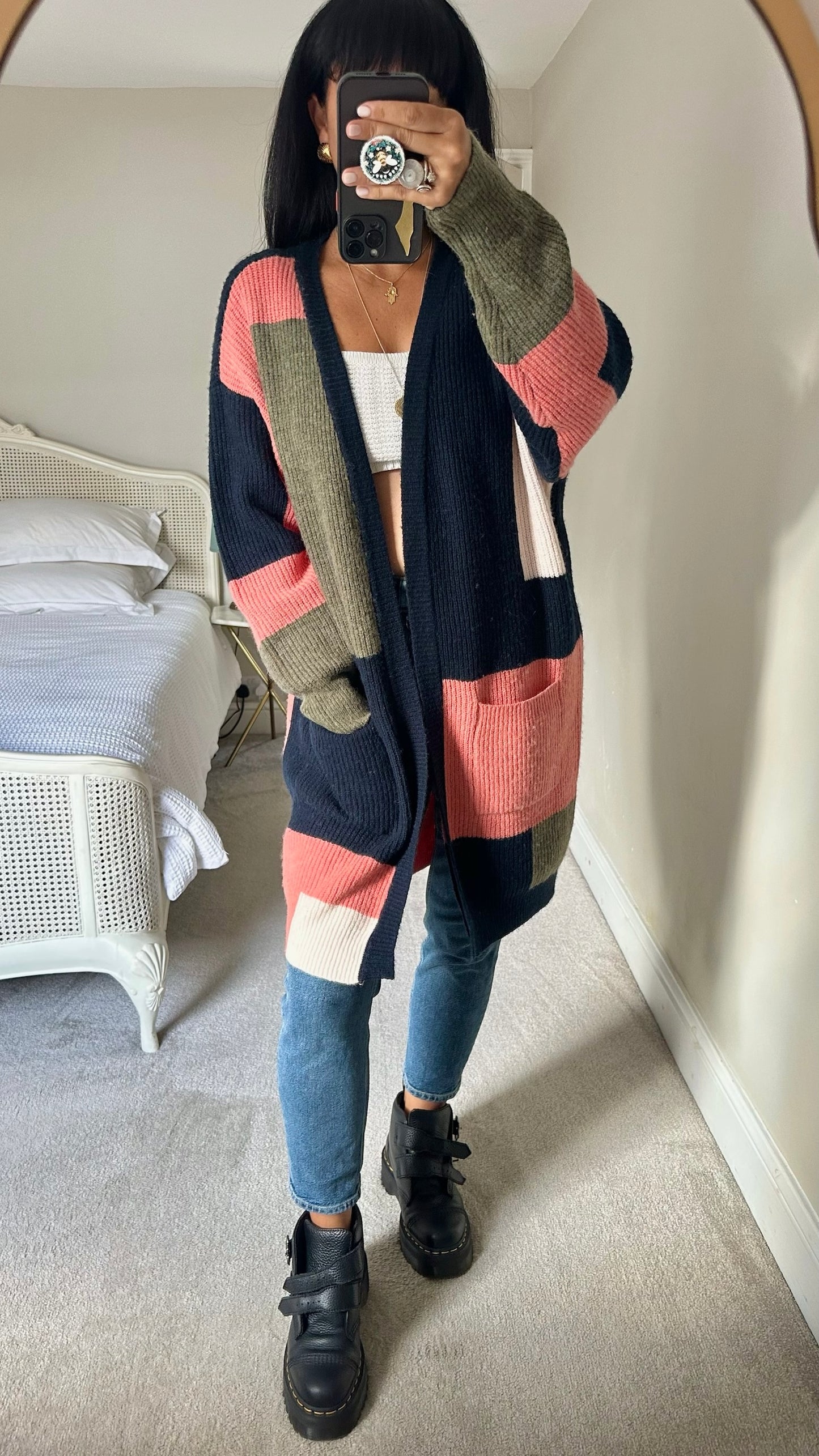 Numpth @Anthropologie navy blue coral khaki open knitted long cardigan jumper large L UK 12-14 excellent used condition