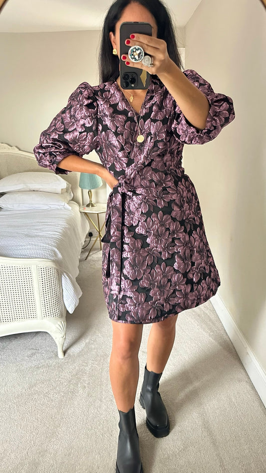 Selected femme @ Anthropologie lilac black metallic event wrap dress extra large UK 14 vgc w25
