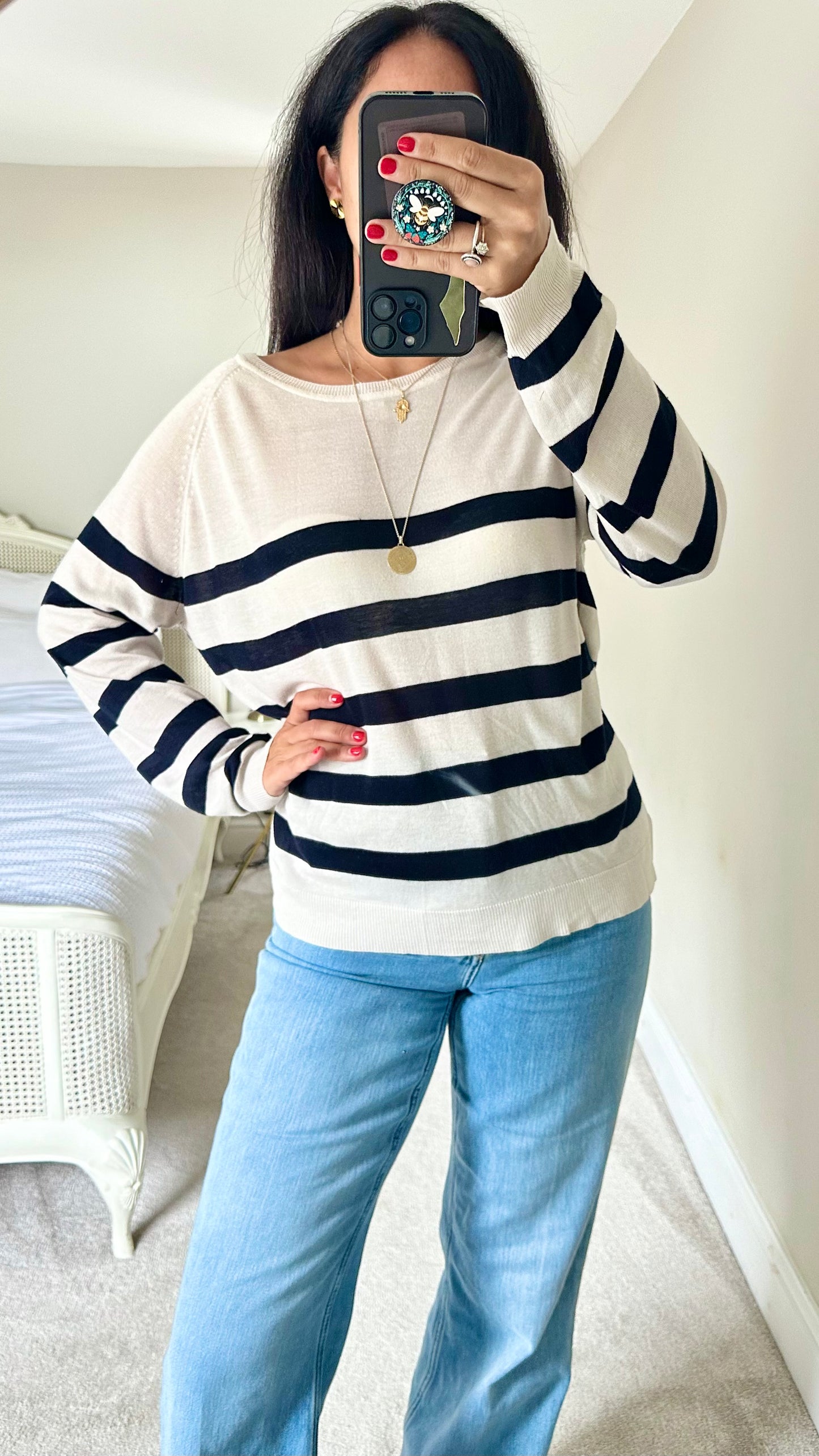 Zara black white cream stripe knitted lightweight top jumper extra large UK 14 vgc