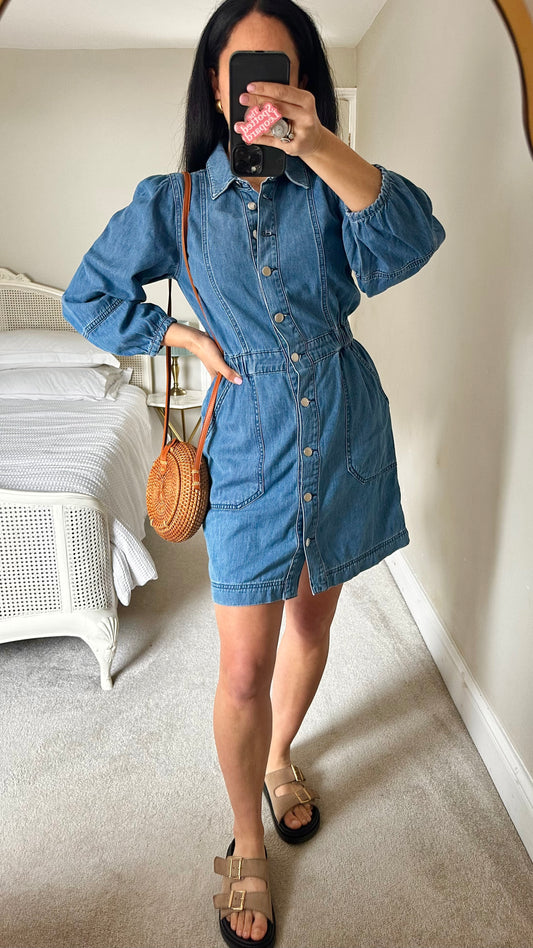 Oliver Bonas blue denim jeans button up shirt dress casual small UK 10 vgc