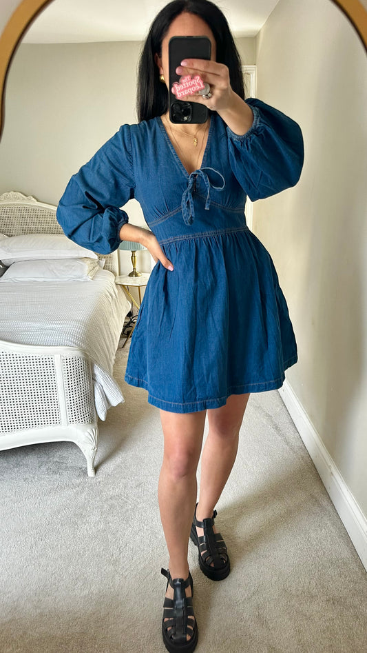 Nobody’s Child navy blue tie front mini dress small UK 8 denim jeans vgc