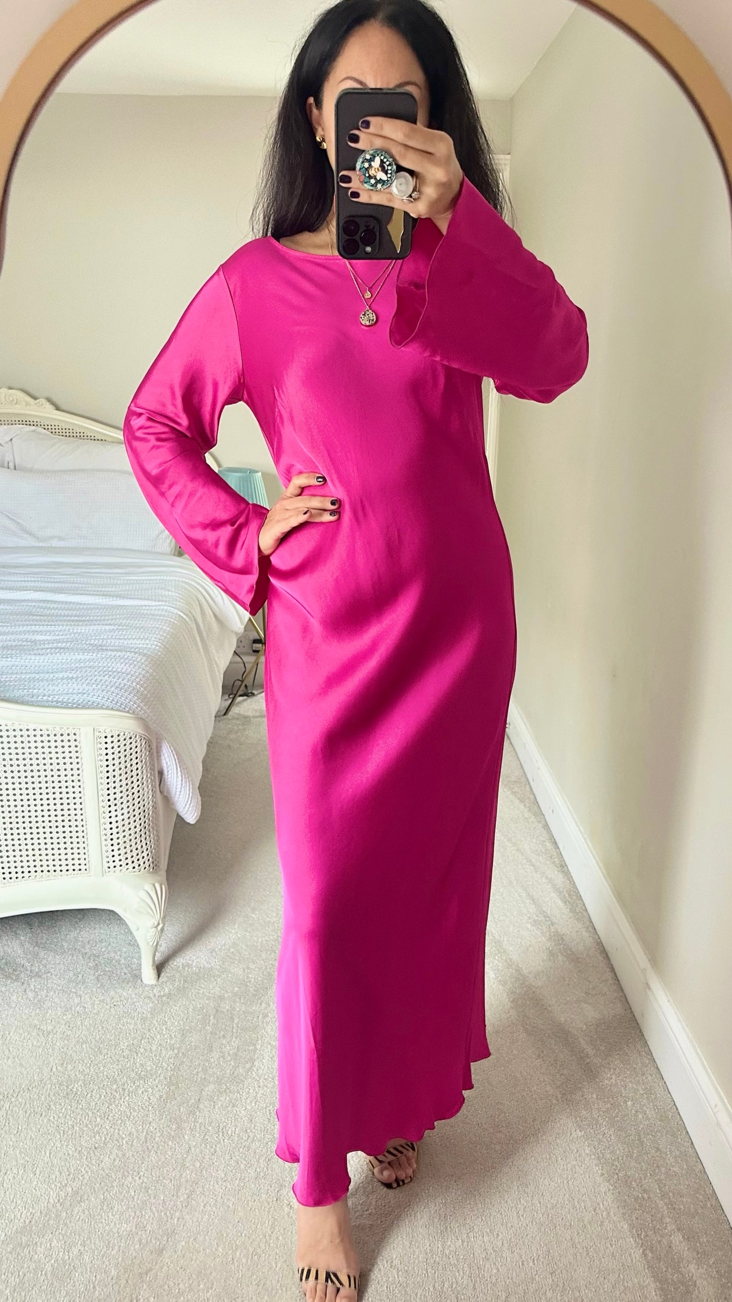 Arket hot pink flared sleeve maxi dress Christmas party extra large XL UK 14 vgc