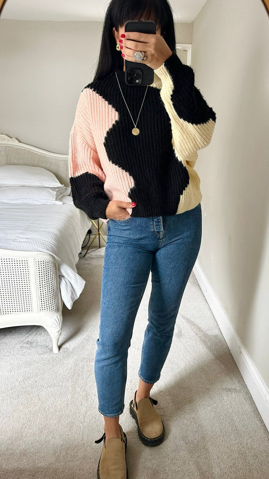 Topshop black pink yellow vintage look jumper large UK 12 vgc