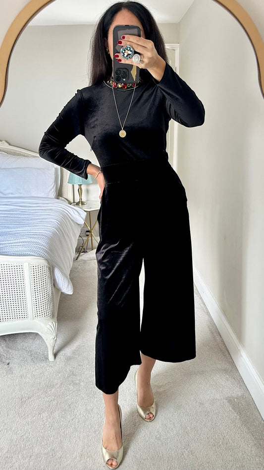 & other stories black velvet sparkle event sequin collar jumpsuit culottes extra large UK 14 vgc