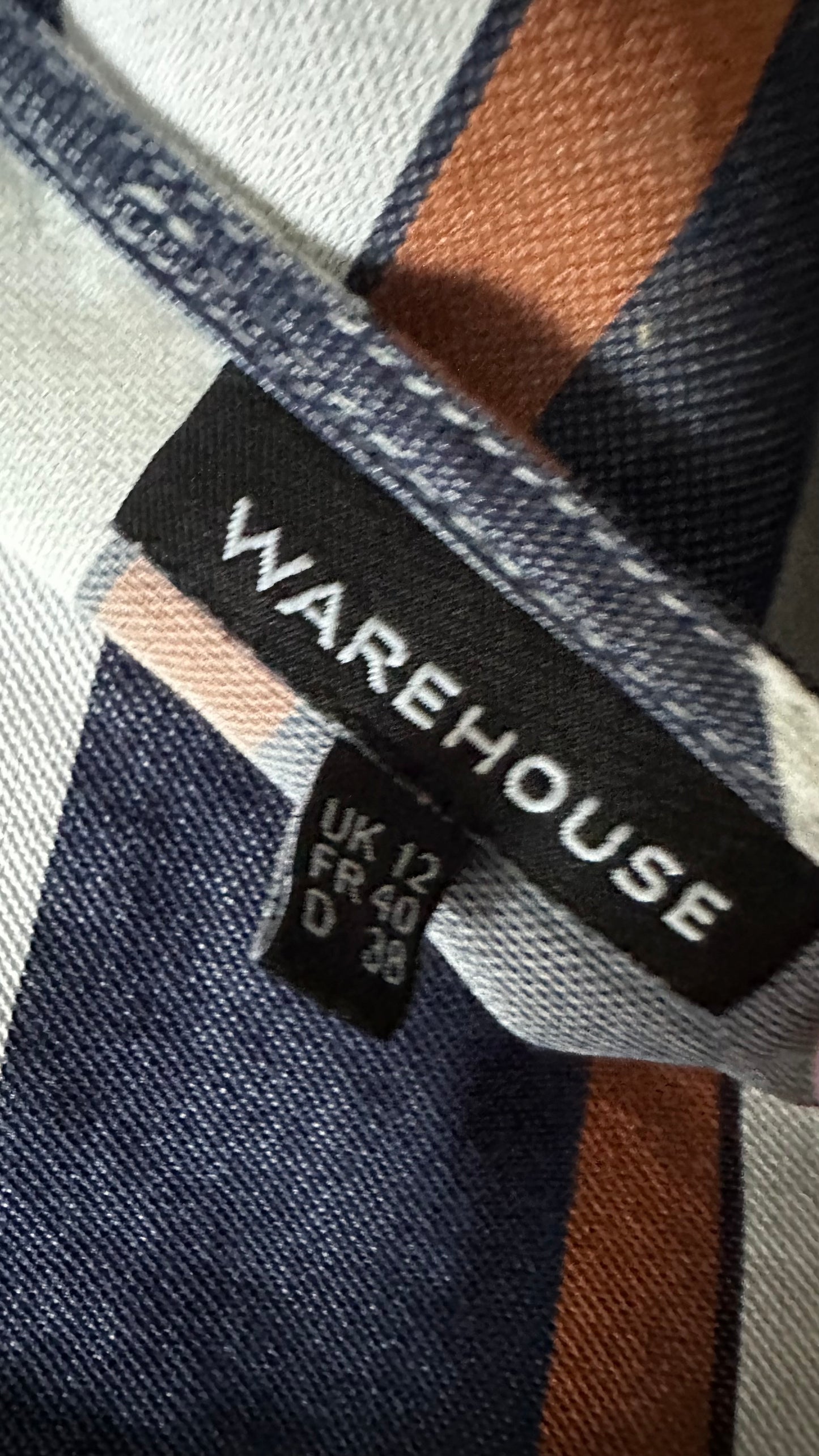 Warehouse navy blue brown stripe sun dress medium UK 10-12 vgc