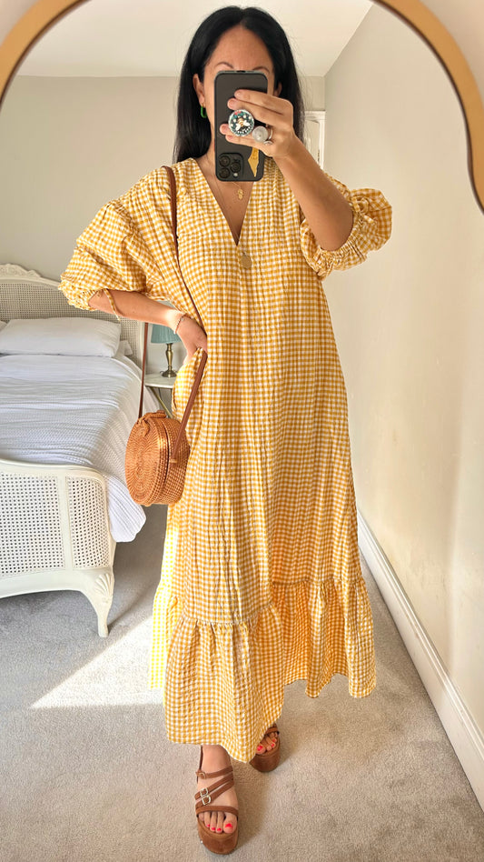 Mango mustard white gingham check maxi holiday dress small medium UK 10 12 vgc