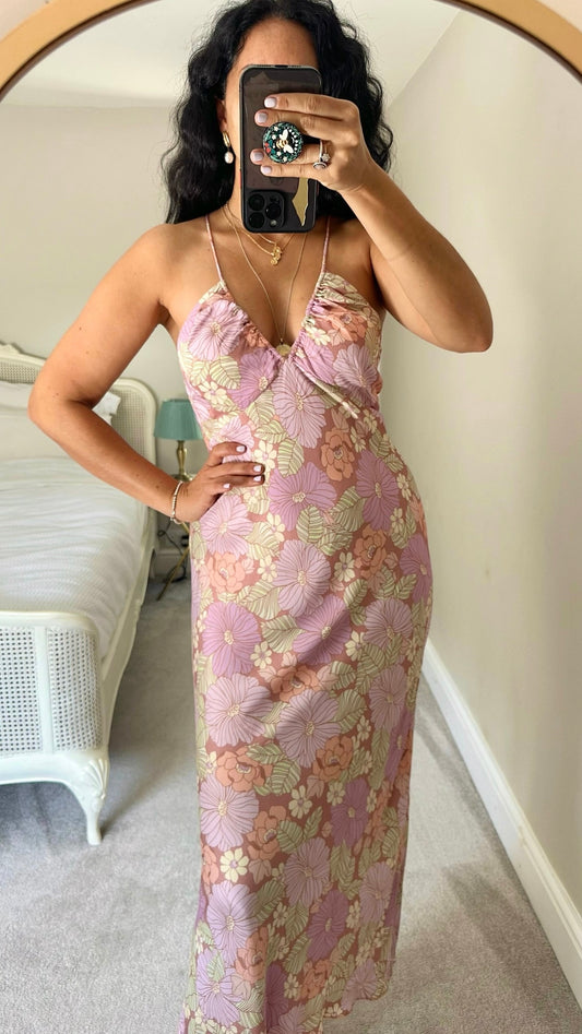 & Other stories pink lilac floral cut out back midi maxi dress wedding guest medium UK 12 vgc