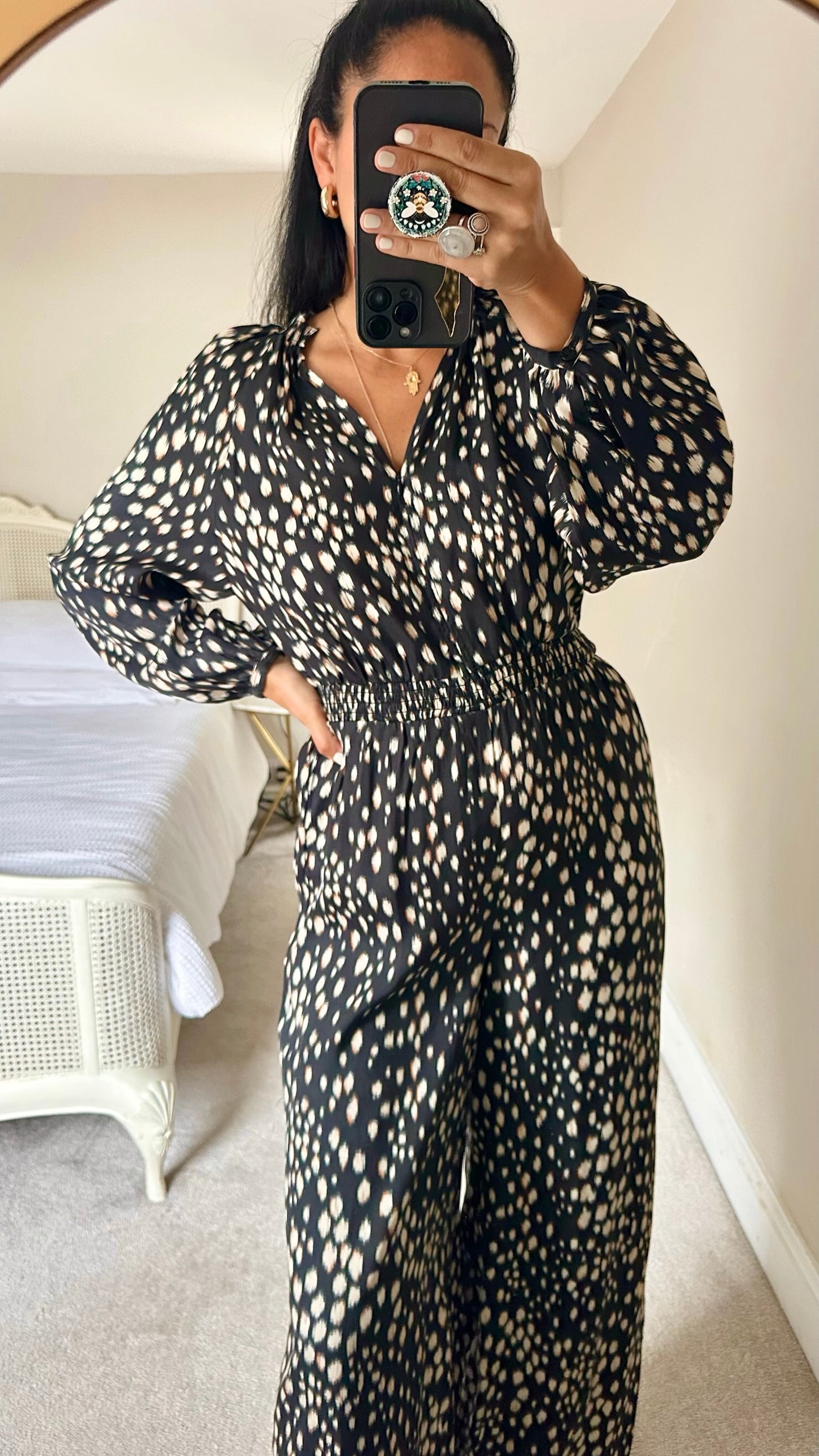 HUSH black cream animal print stretch waist event jumpsuit UK 10 vgc