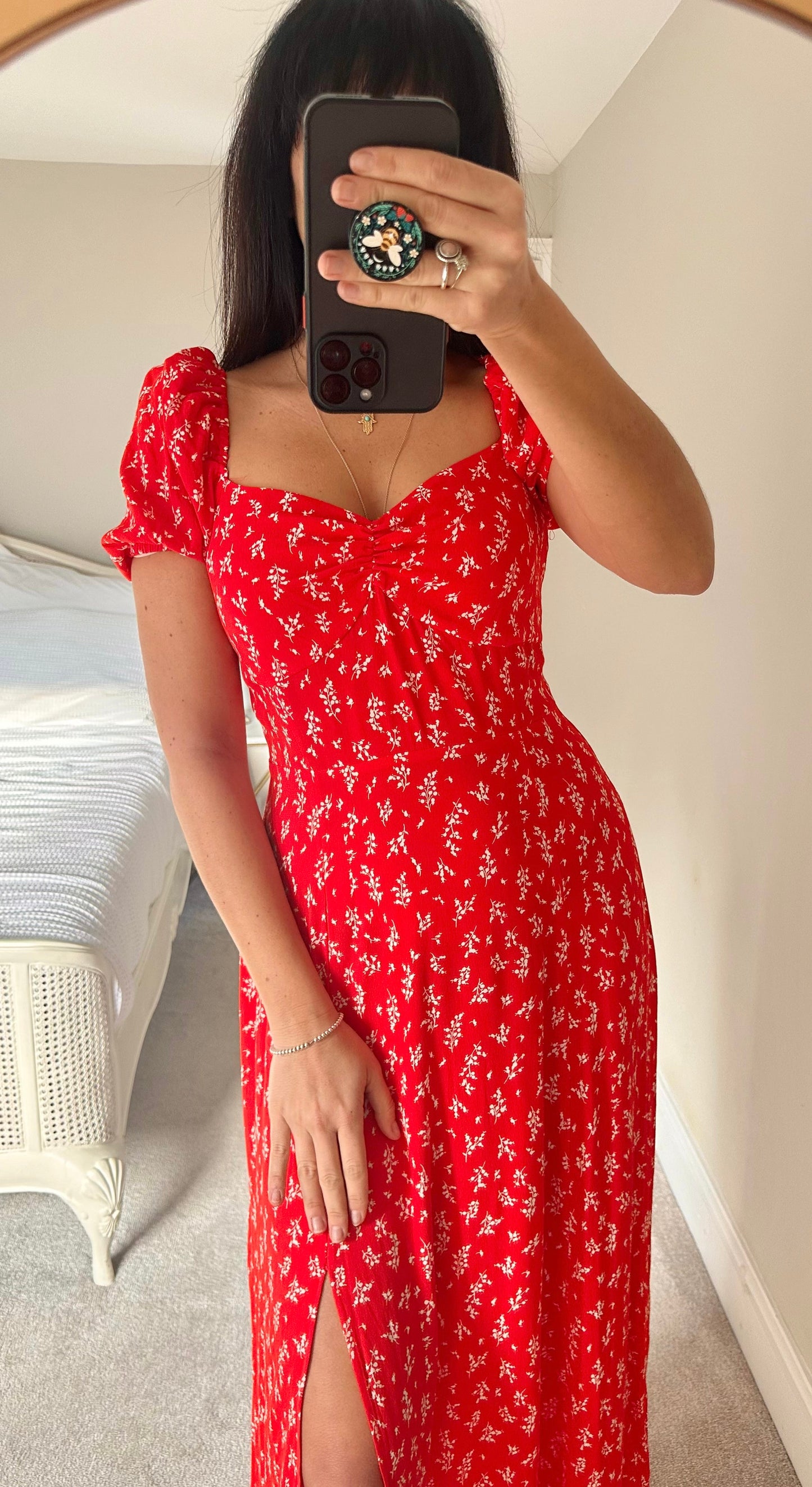 & other stories red white floral side split midi maxi dress small UK 8 vgc