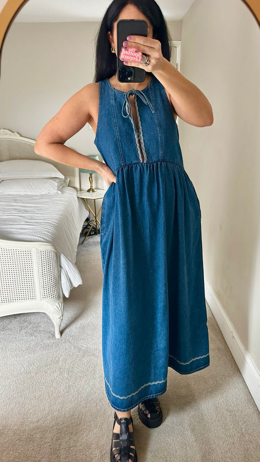 Oliver bonas navy blue denim maxi dress UK 10-12 vgc