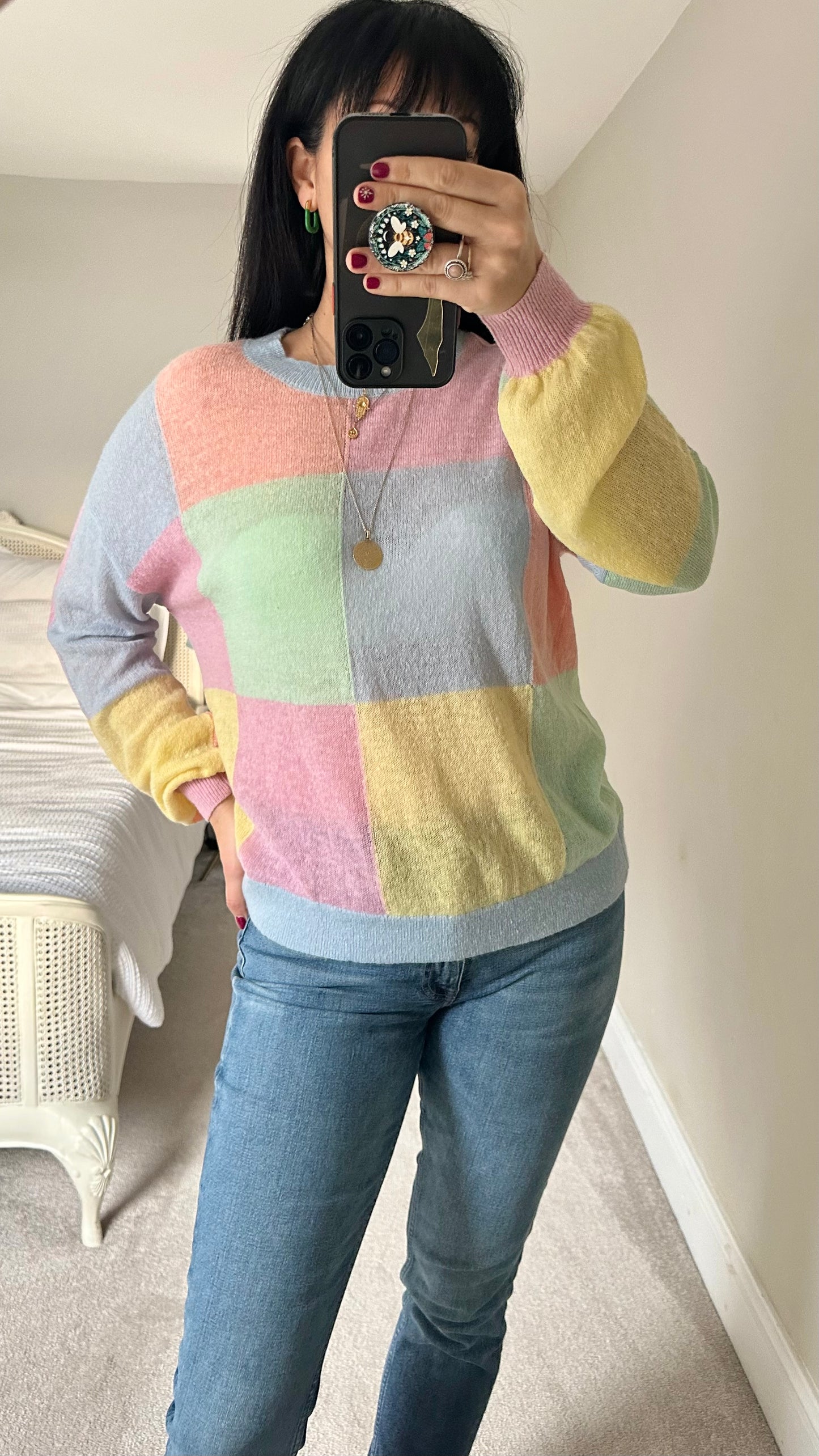 HUSH pink yellow block colour pastels alpaca wool blend knitted jumper small medium UK 8 10 12 vgc