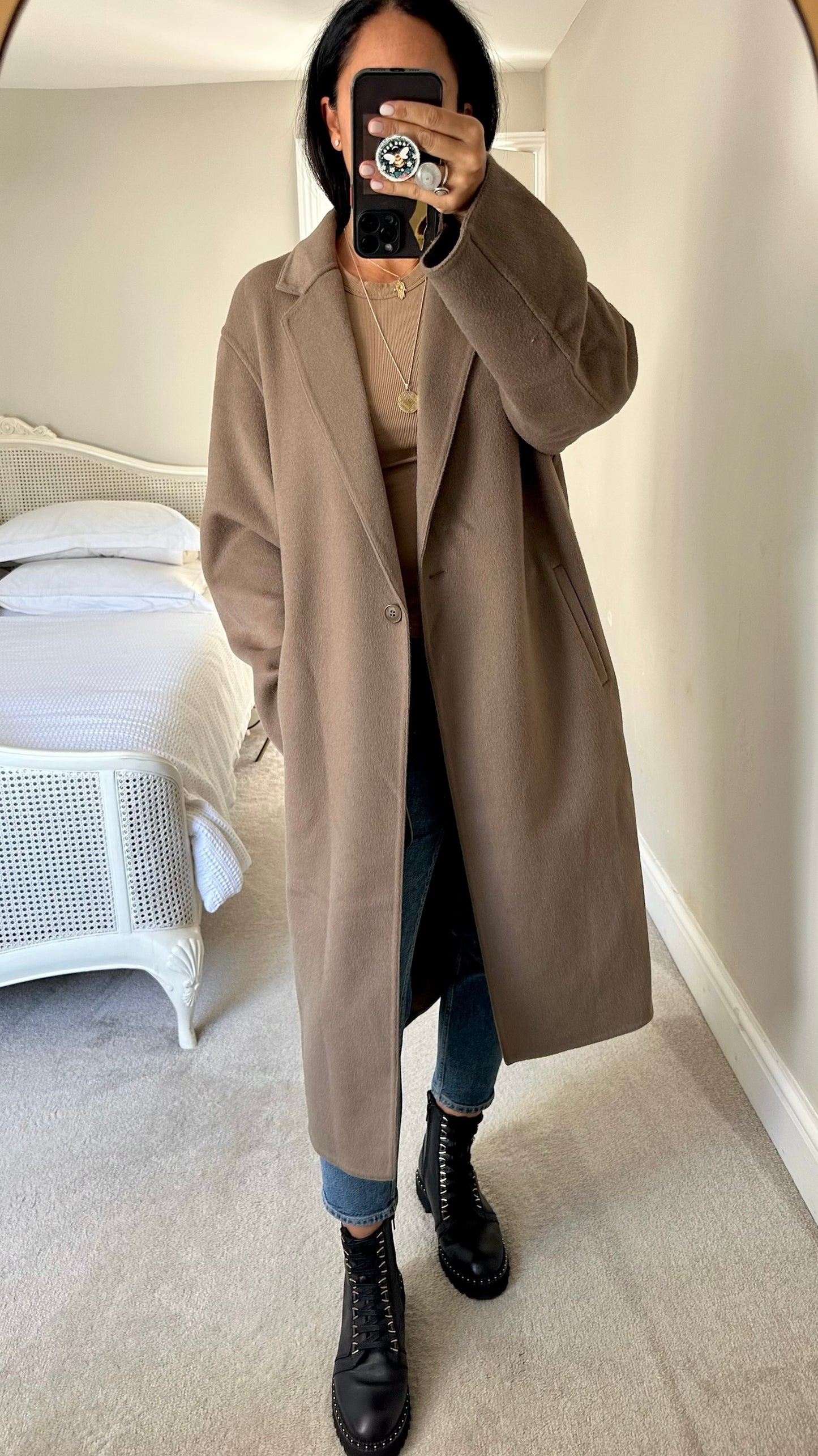 Uniqlo mink brown tan cream wool blend coat jacket large UK 12-14 vgc w25