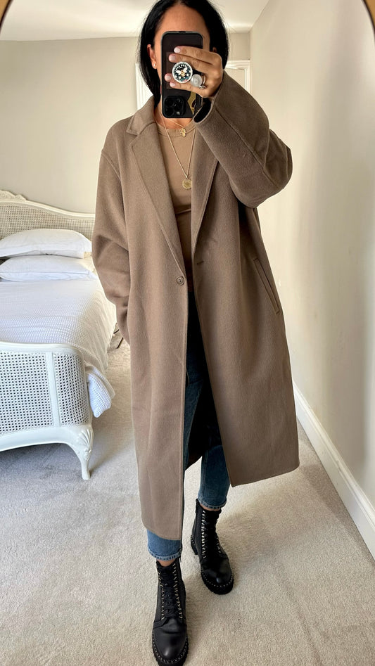 Uniqlo mink brown tan cream wool blend coat jacket large UK 12-14 vgc w25