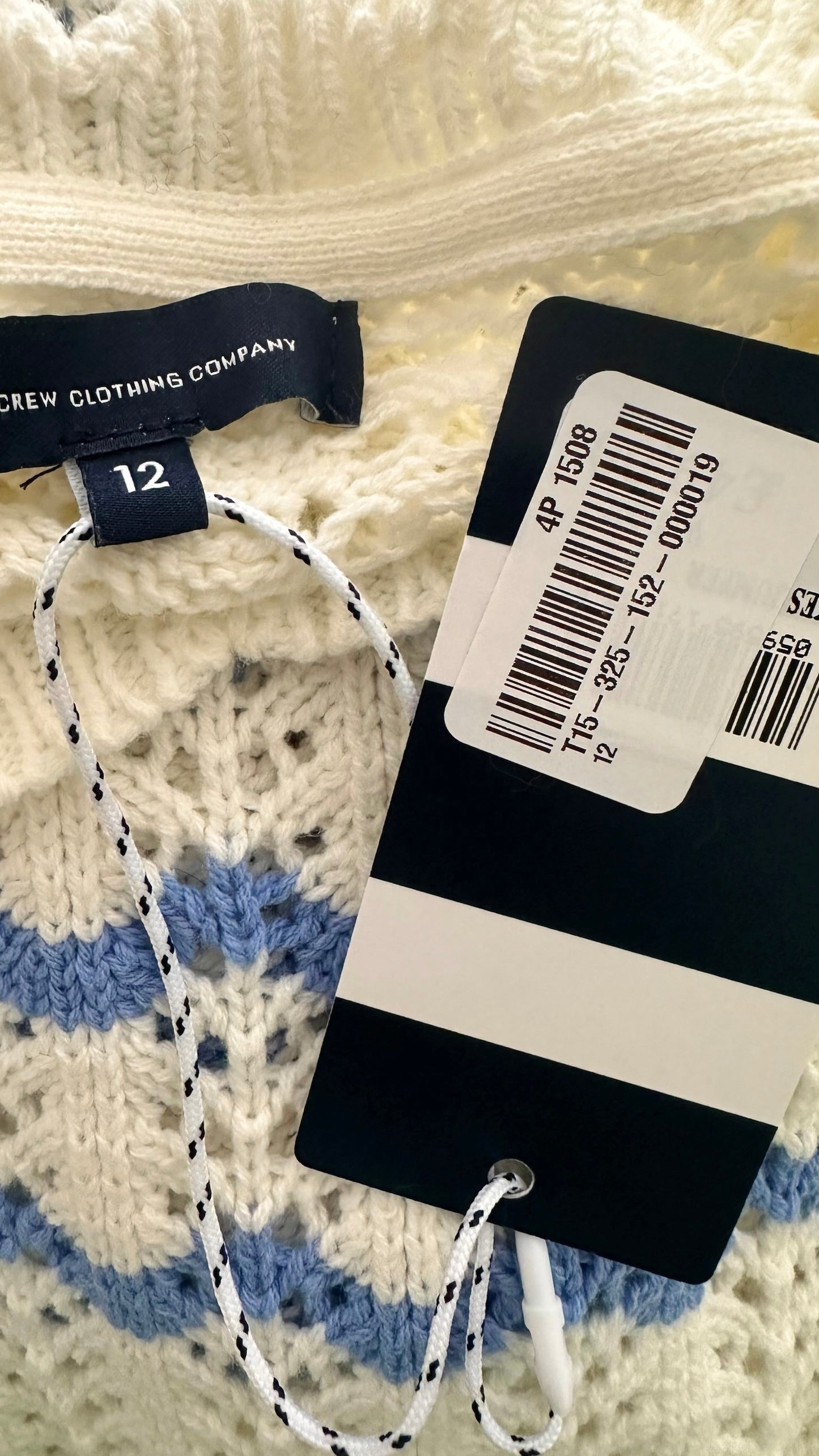 Crew clothing company blue and white crotchet knit jumper large L UK 12 14 NWT