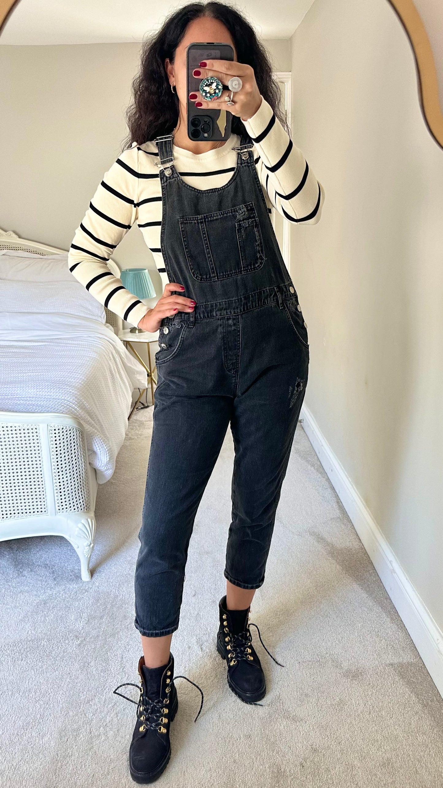 Topshop black distressed look dungarees jeans denim jumpsuit UK 8 vgc