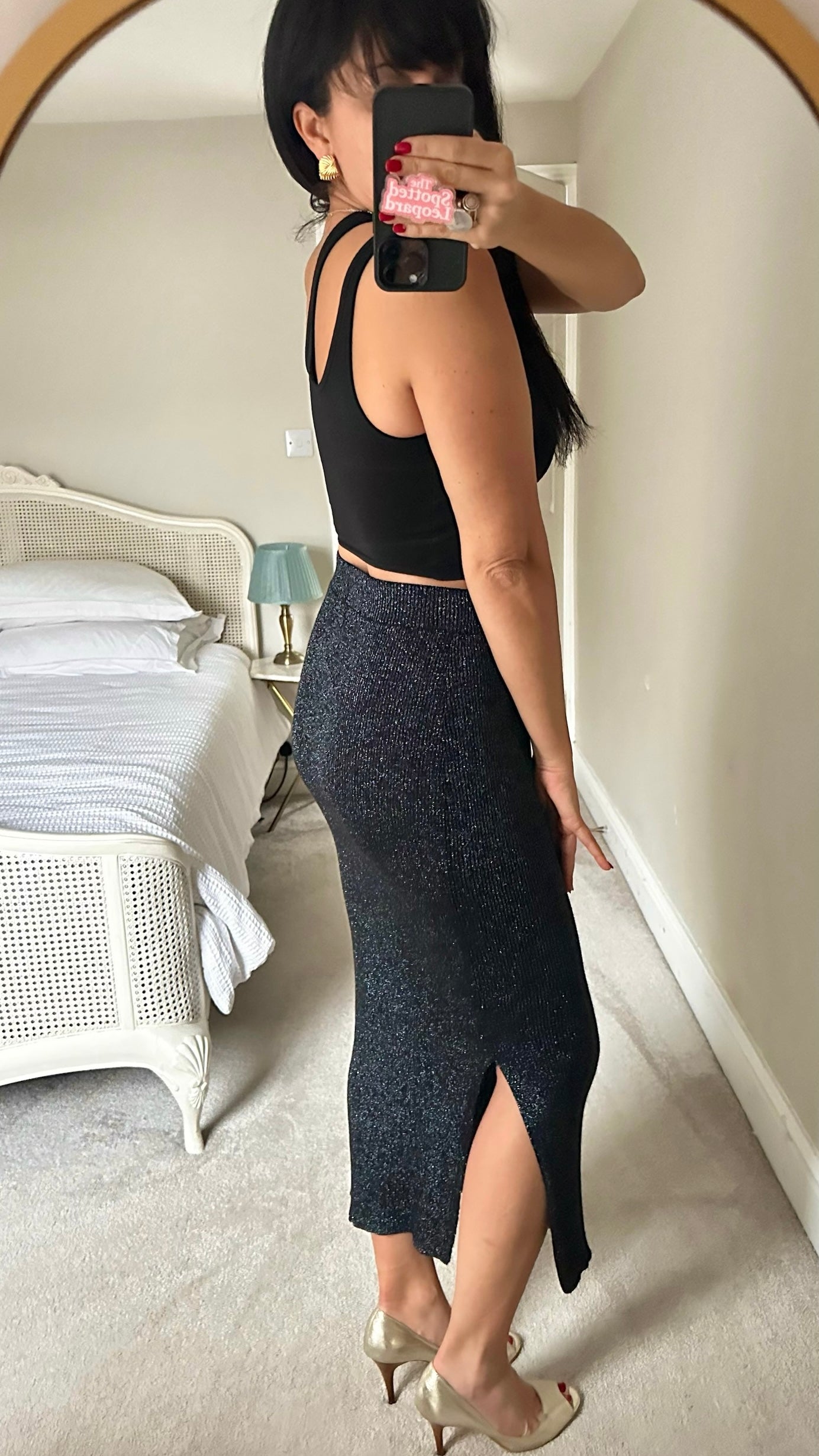 Hush black shimmer side split midi skirt large L UK 12 XMS25