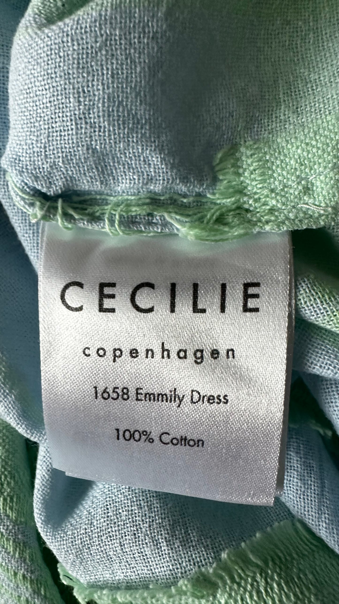 Cecilie Copenhagen mint green lilac/blue Palestinian khuffiyeh print shirred holiday summer cotton dress small UK 10-12 vgc