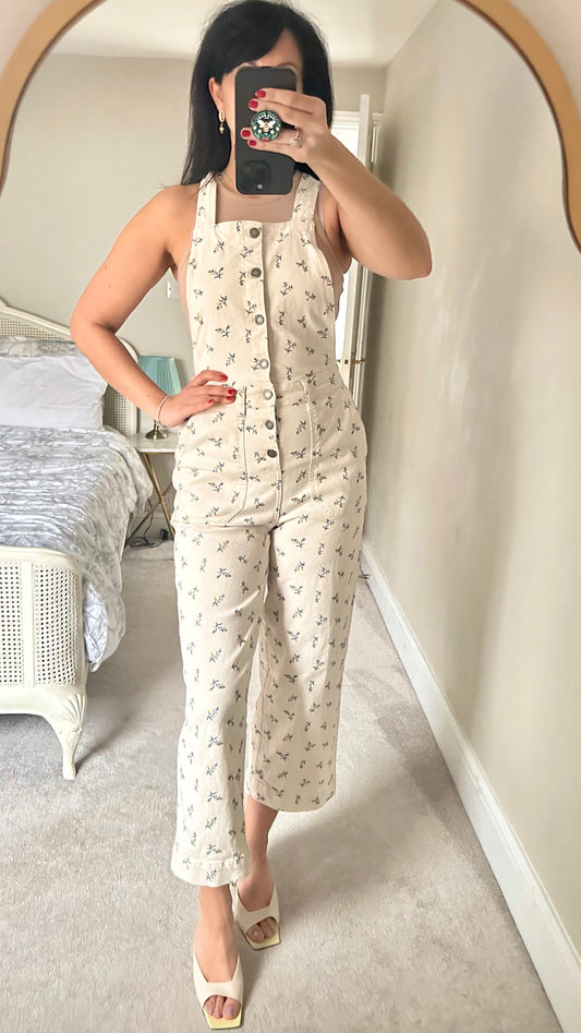 Oliver Bonas cream vintage flower print dungarees jumpsuit extra large UK 12 14 vgc