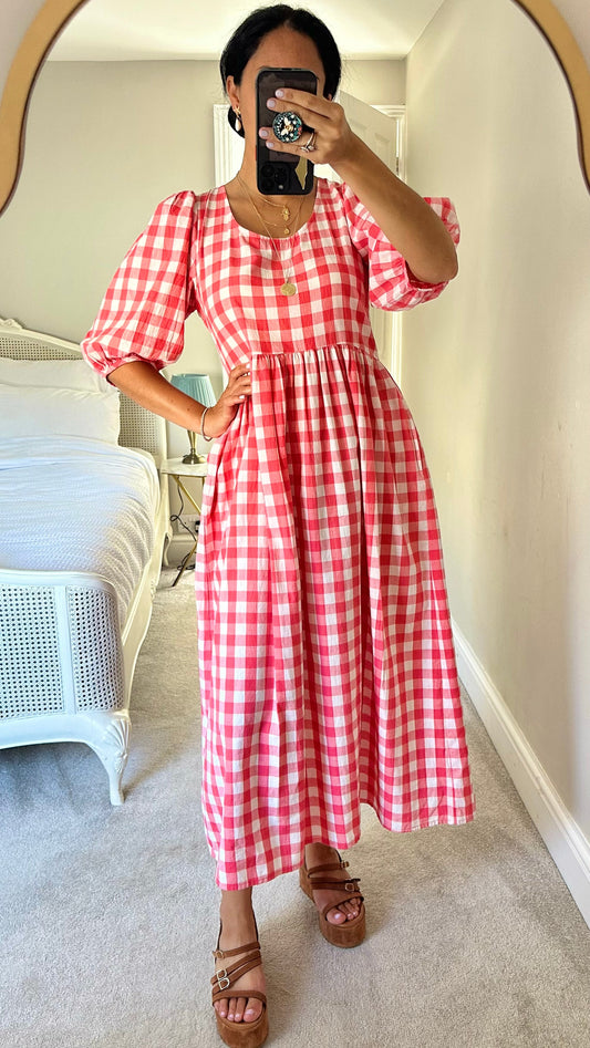 Albaray pink white gingham check midi puff sleeve dress medium UK 10 long vgc
