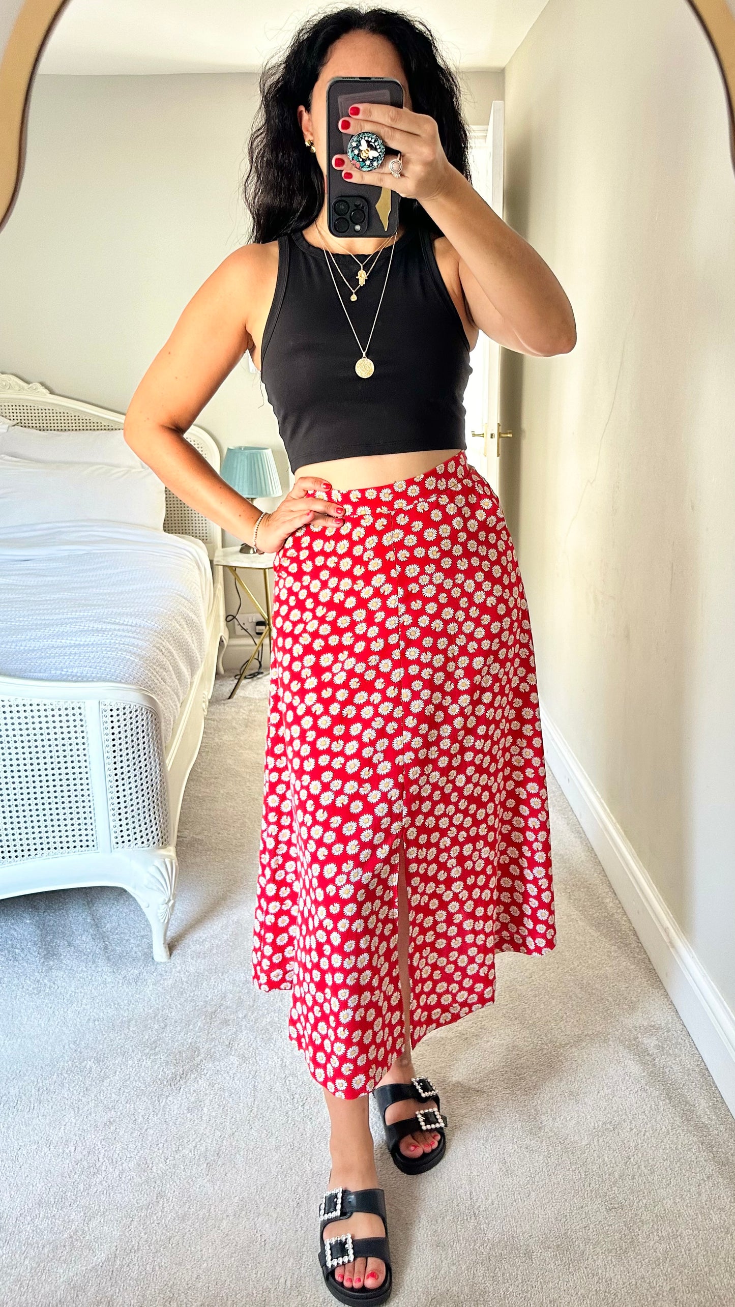 Louche red white daisy print midi skirt medium UK 10 vgc