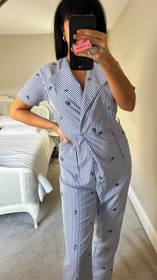 Jovanna London blue white stripe evil eye jumpsuit playsuit medium UK 10-12 vgc
