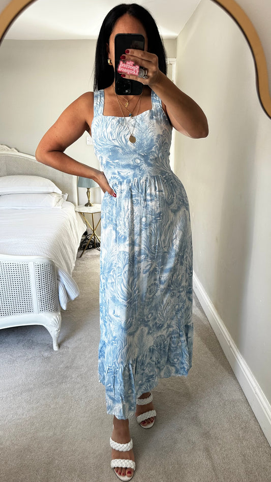 Warehouse x Shrimps light blue shell sea print maxi long dress medium UK 14 holiday