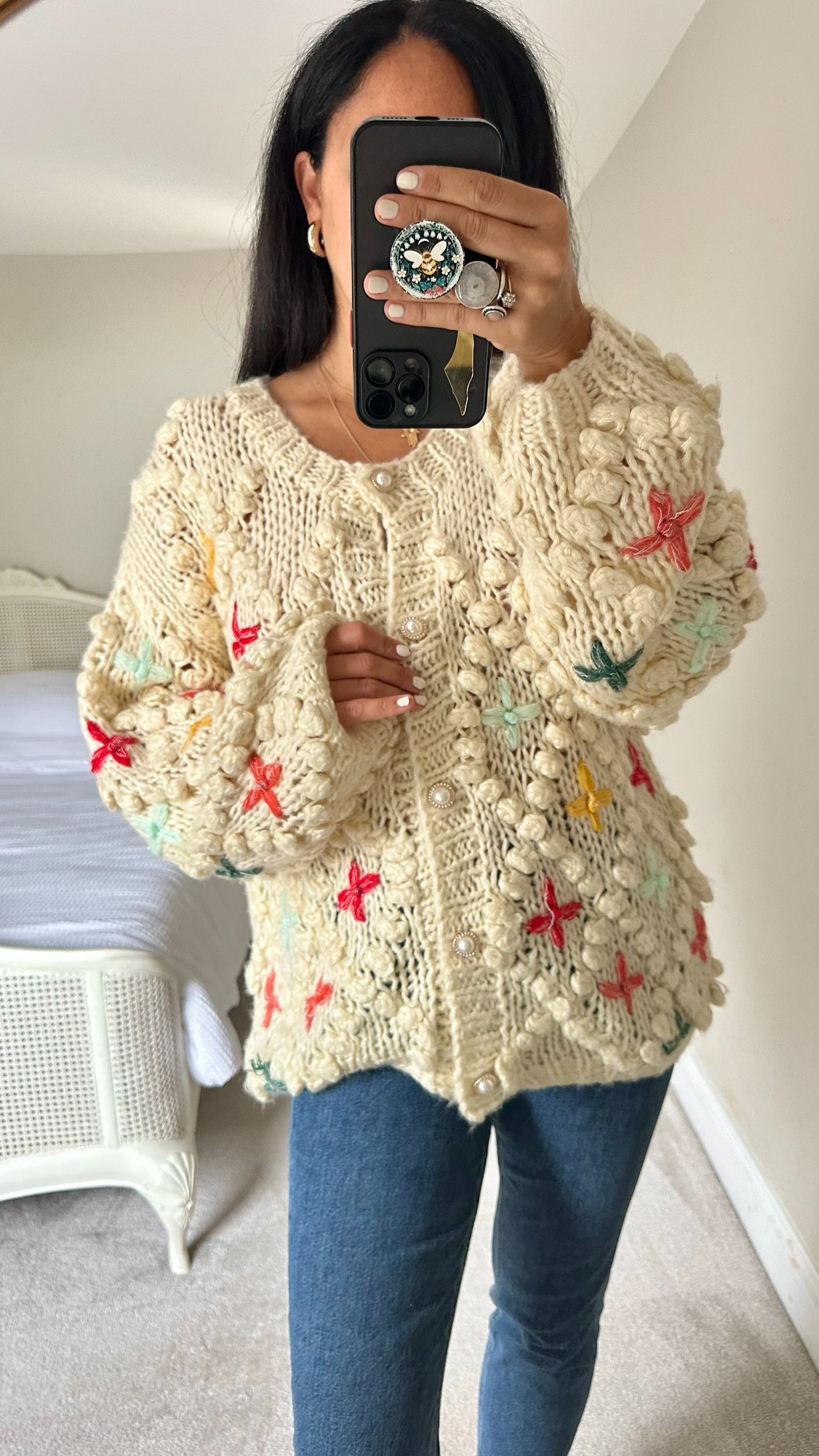 Jovonna london cream pink metallic chunky bobble knit oversized cardigan extra large UK 12-14 vgc