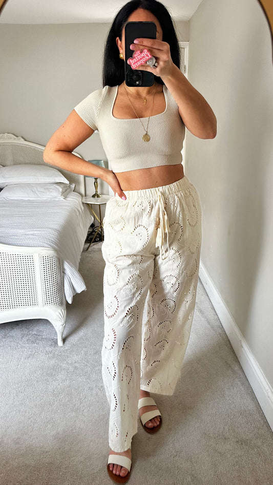 March Studios cream broderie anglaise trousers pants holiday small cotton boho UK 8-10