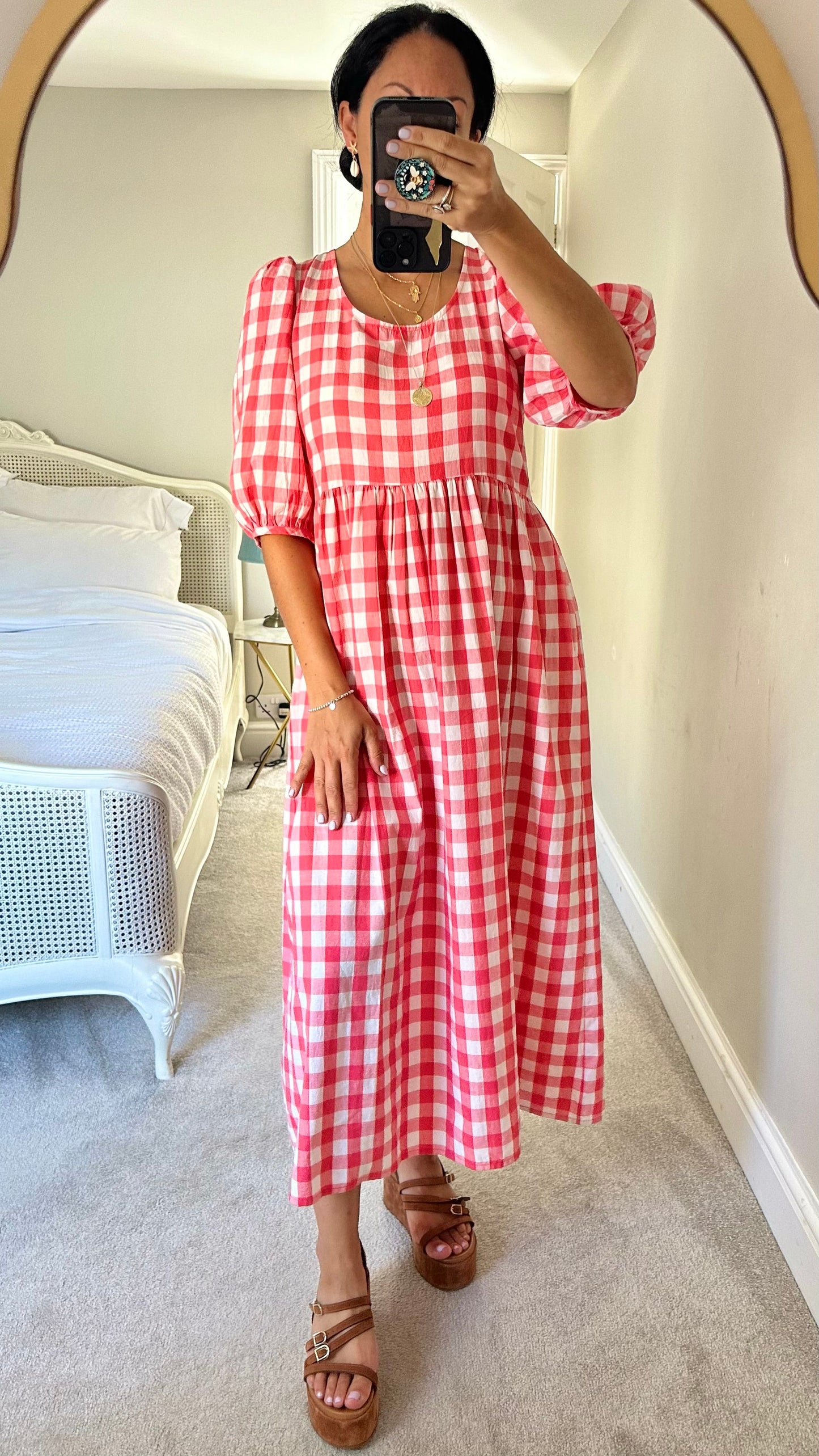 Albaray pink white gingham check midi puff sleeve dress medium UK 10 long vgc