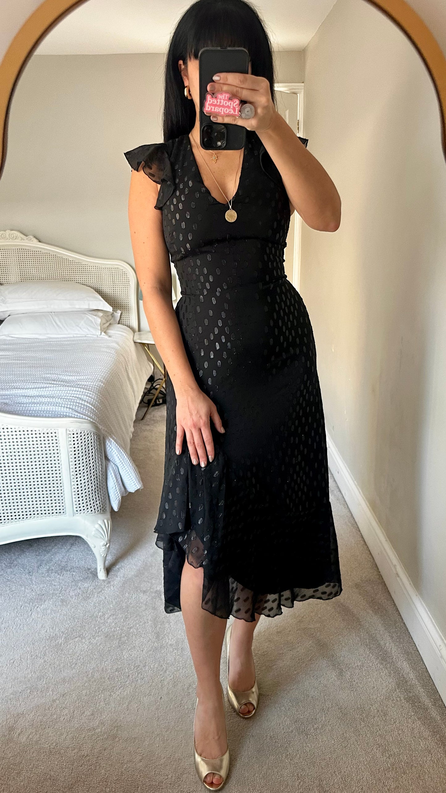 Warehouse black polka dot midi event party dress small UK 8 vgc