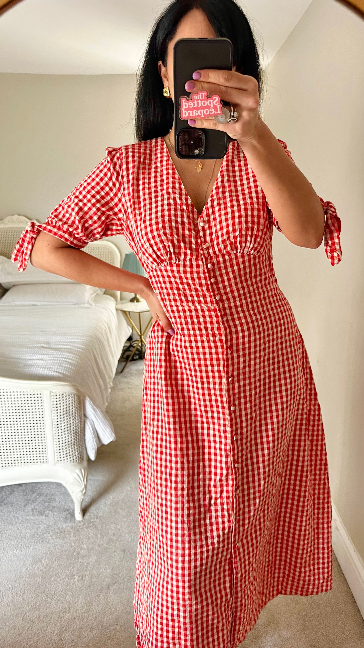 Nobody’s Child Red cream gingham check button up midi long dress medium UK 14 vgc