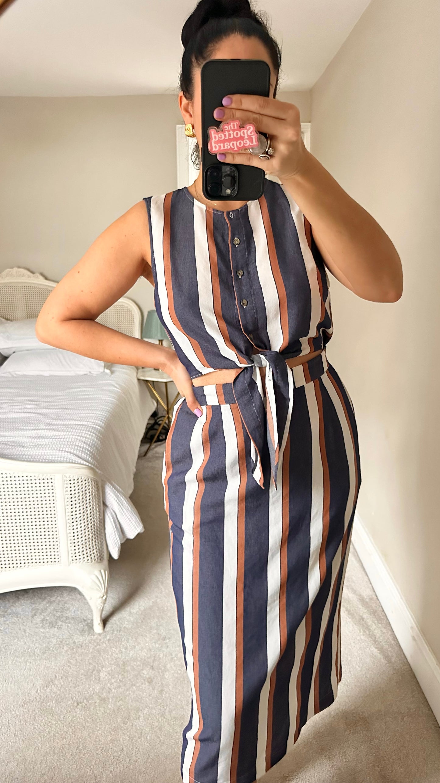 Warehouse navy blue brown stripe sun dress medium UK 10-12 vgc