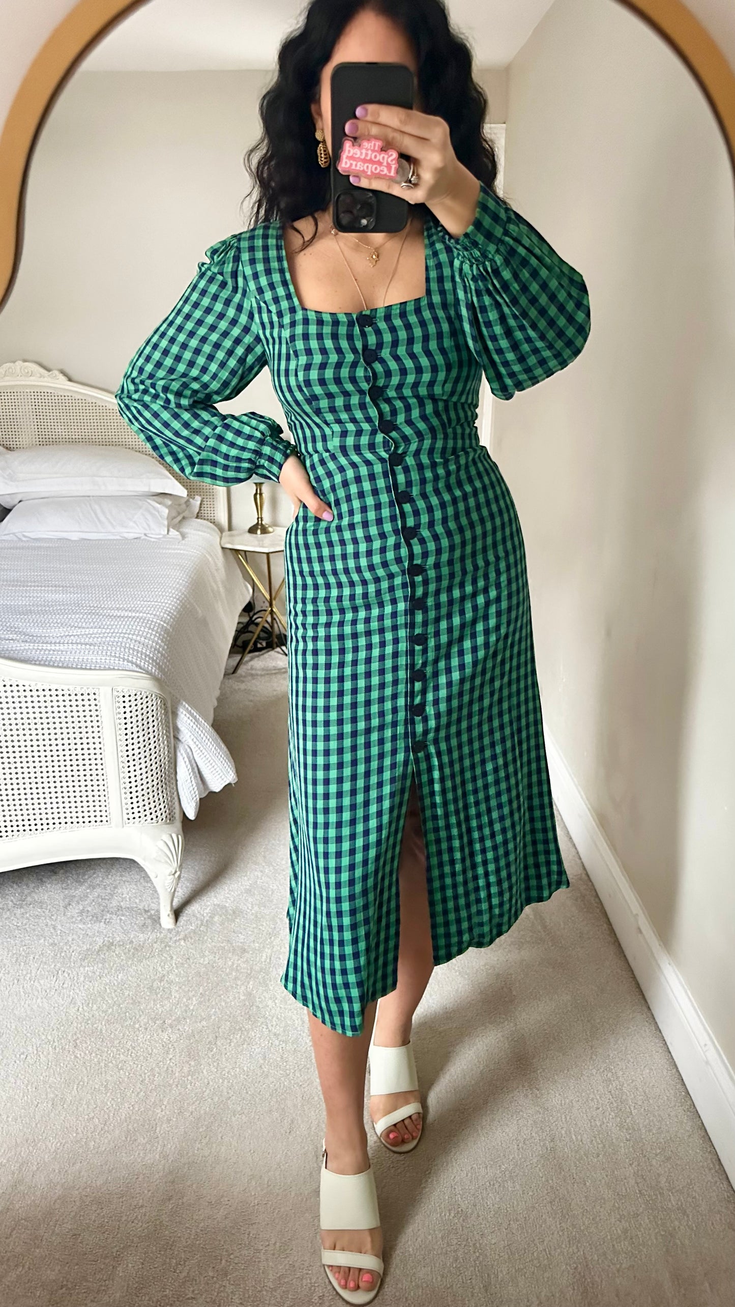 Kitri Green green gingham check button up midi dress small UK 8 vgc
