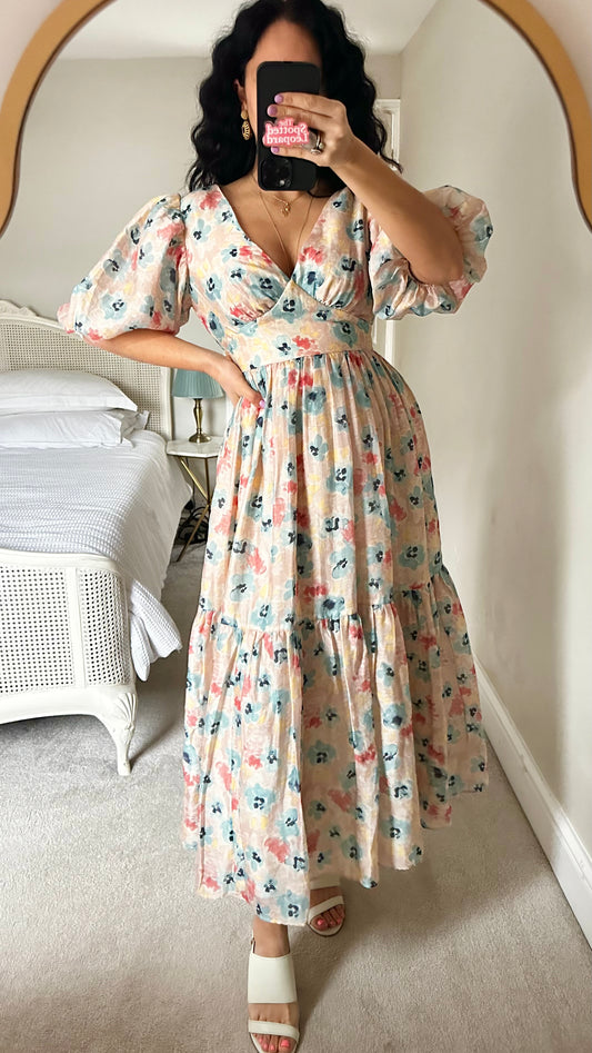 By Malina @ Selfridges pink blue cream maxi long wedding guest dress small UK 8-10 new bnwt